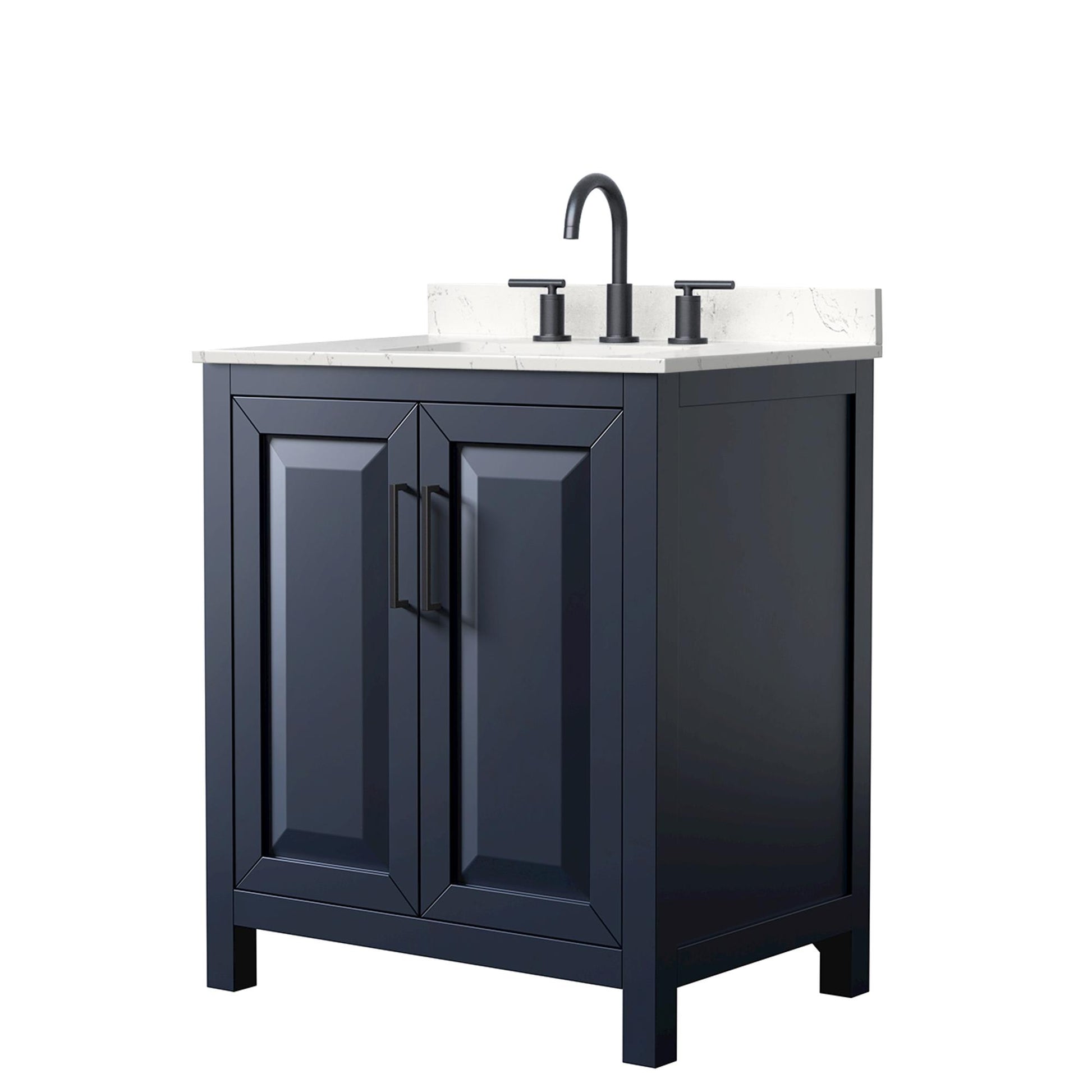 Wyndham Collection Daria 30" Single Bathroom Vanity in Dark Blue, Carrara Cultured Marble Countertop, Undermount Square Sink (3-Hole), Matte Black Trim
