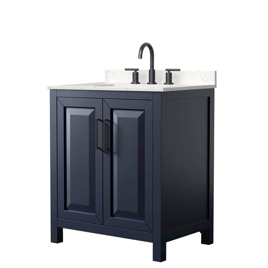Wyndham Collection Daria 30" Single Bathroom Vanity in Dark Blue, Carrara Cultured Marble Countertop, Undermount Square Sink (3-Hole), Matte Black Trim