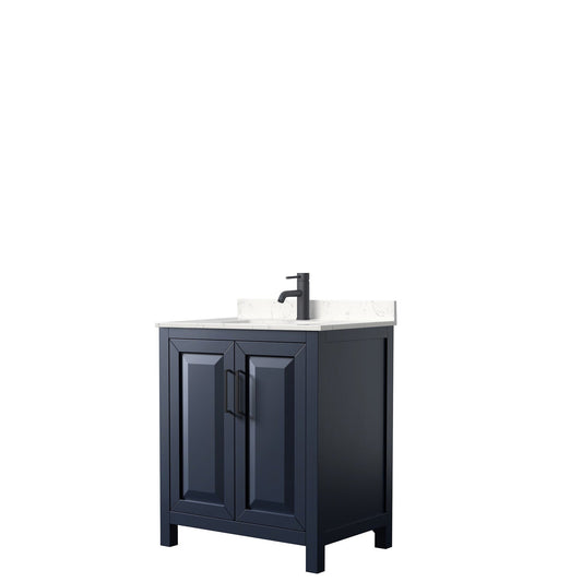 Wyndham Collection Daria 30" Single Bathroom Vanity in Dark Blue, Carrara Cultured Marble Countertop, Undermount Square Sink, Matte Black Trim
