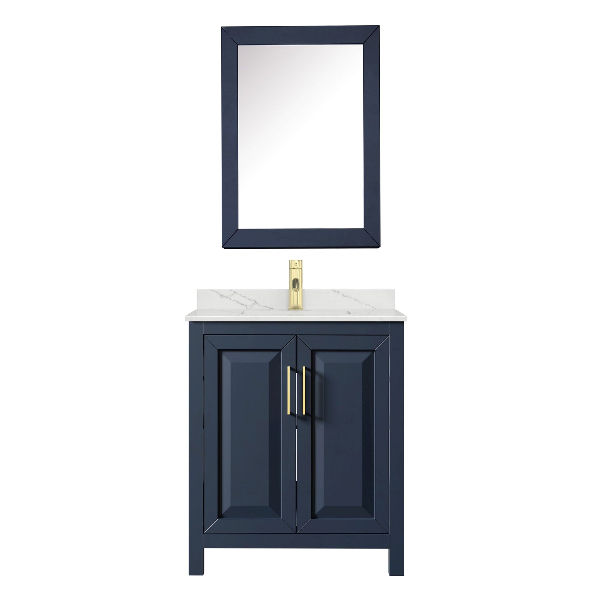 Wyndham Collection Daria 30" Single Bathroom Vanity in Dark Blue, Giotto Quartz Countertop, Undermount Square Sink (1-Hole), Brushed Gold Trim, Medicine Cabinet