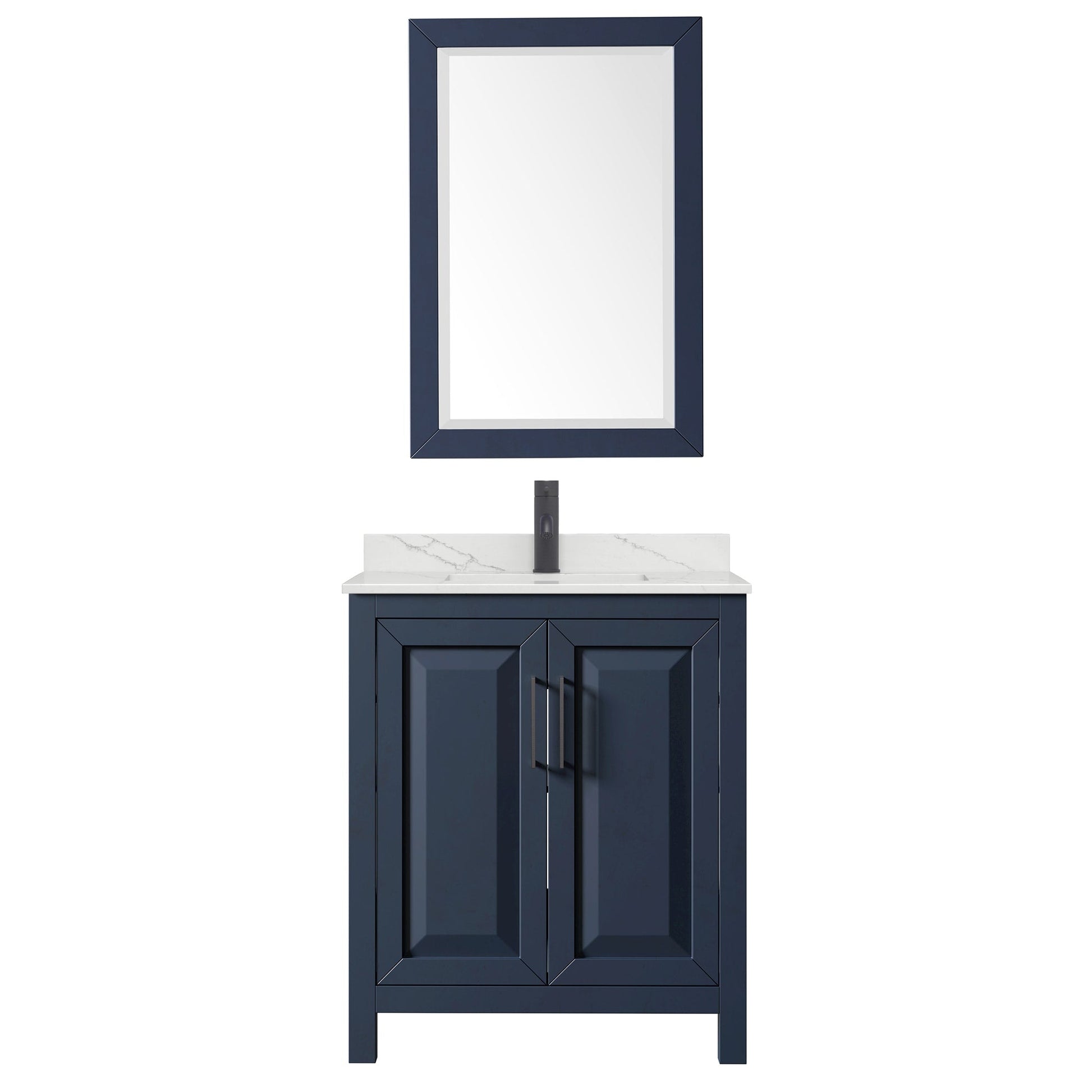 Wyndham Collection Daria 30" Single Bathroom Vanity in Dark Blue, Giotto Quartz Countertop, Undermount Square Sink (1-Hole), Matte Black Trim, 24" Mirror