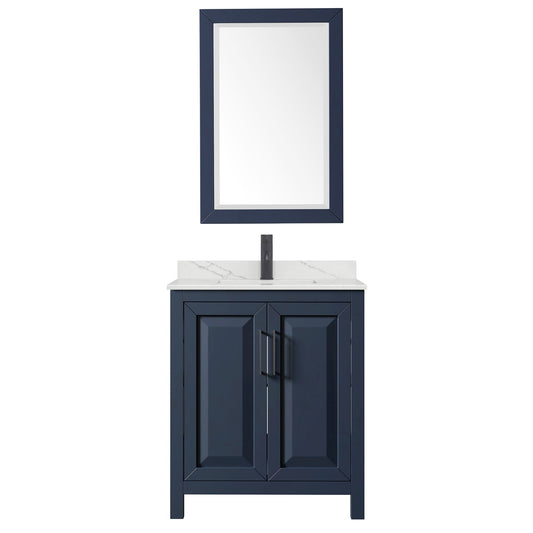 Wyndham Collection Daria 30" Single Bathroom Vanity in Dark Blue, Giotto Quartz Countertop, Undermount Square Sink (1-Hole), Matte Black Trim, 24" Mirror