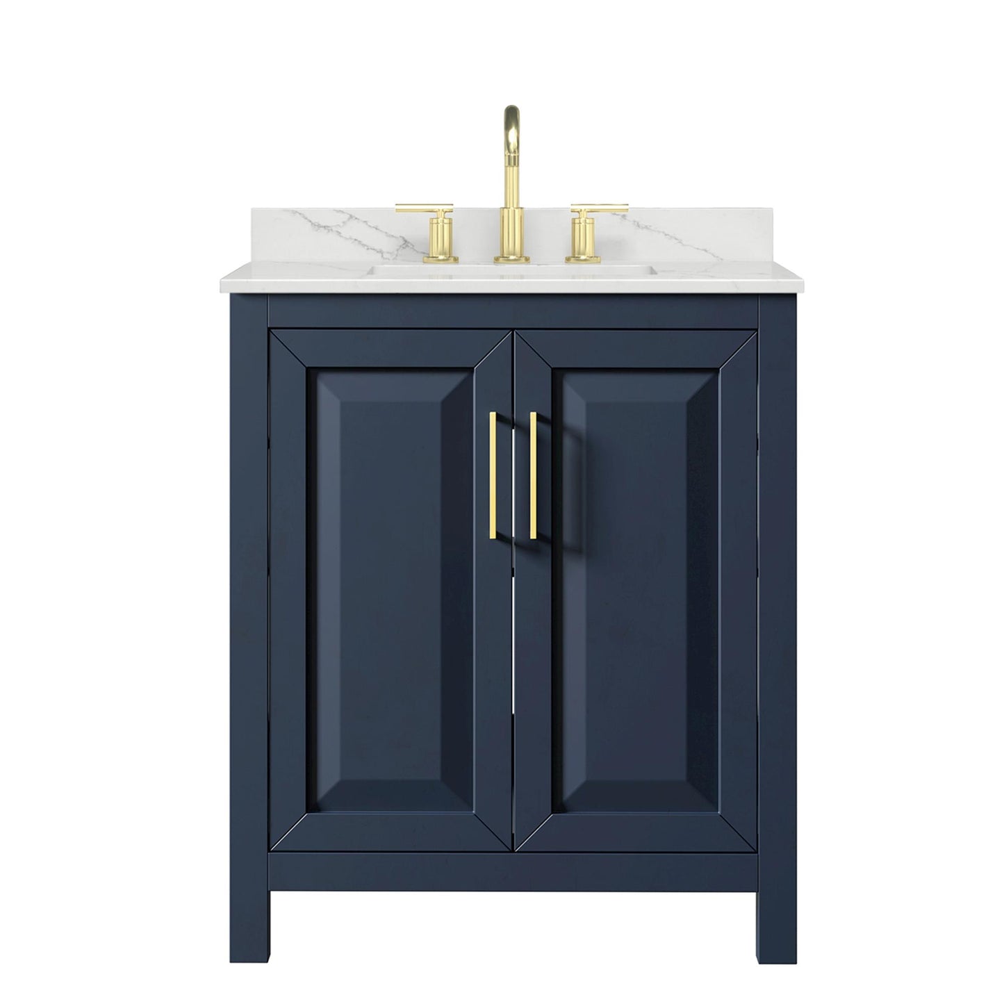 Wyndham Collection Daria 30" Single Bathroom Vanity in Dark Blue, Giotto Quartz Countertop, Undermount Square Sink (3-Hole), Brushed Gold Trim