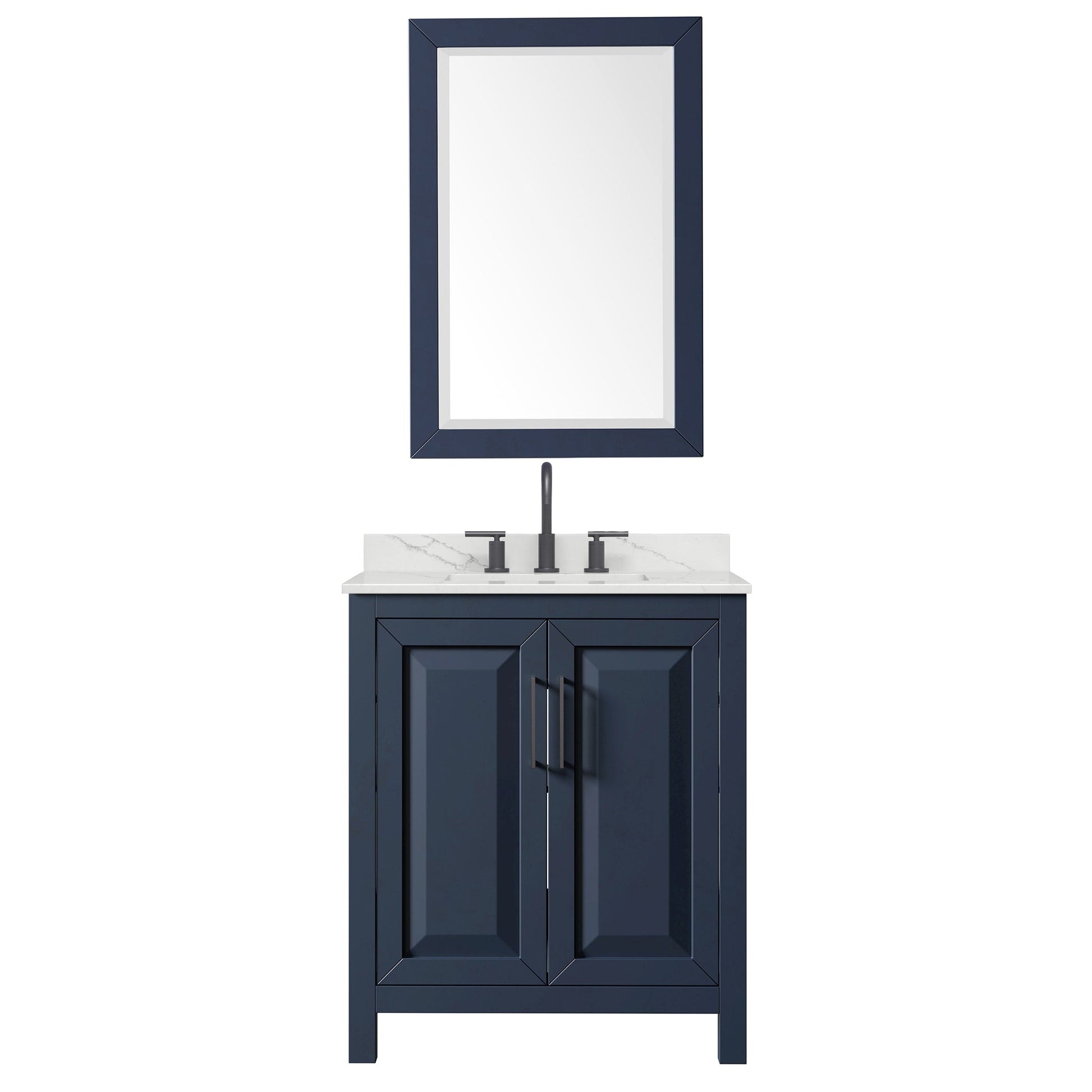 Wyndham Collection Daria 30" Single Bathroom Vanity in Dark Blue, Giotto Quartz Countertop, Undermount Square Sink (3-Hole), Matte Black Trim, 24" Mirror