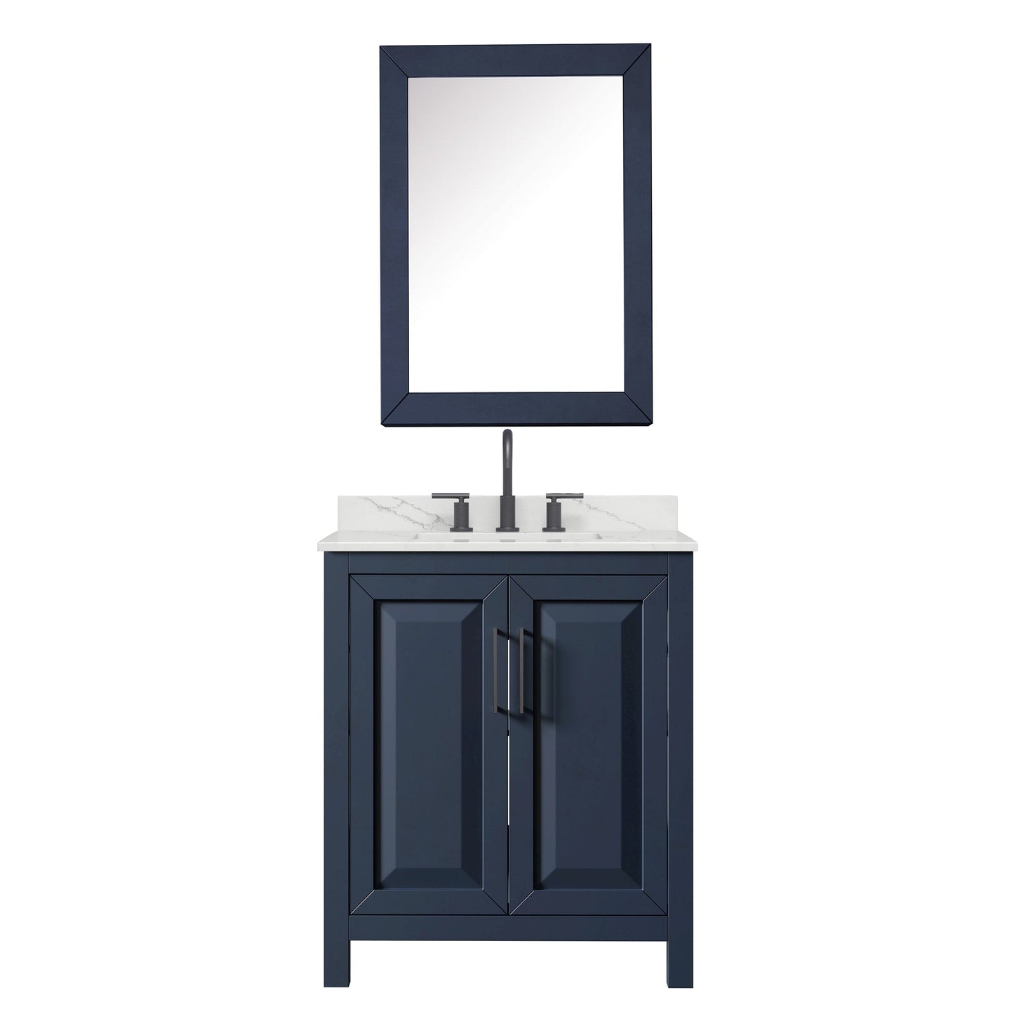 Wyndham Collection Daria 30" Single Bathroom Vanity in Dark Blue, Giotto Quartz Countertop, Undermount Square Sink (3-Hole), Matte Black Trim, Medicine Cabinet
