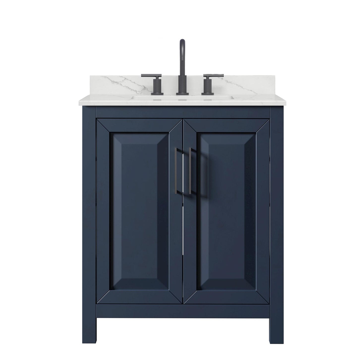 Wyndham Collection Daria 30" Single Bathroom Vanity in Dark Blue, Giotto Quartz Countertop, Undermount Square Sink (3-Hole), Matte Black Trim