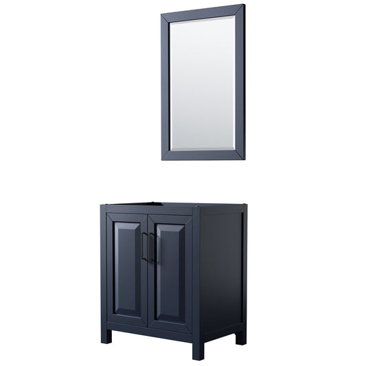 Wyndham Collection Daria 30" Single Bathroom Vanity in Dark Blue, No Countertop, No Sink, Matte Black Trim, 24" Mirror