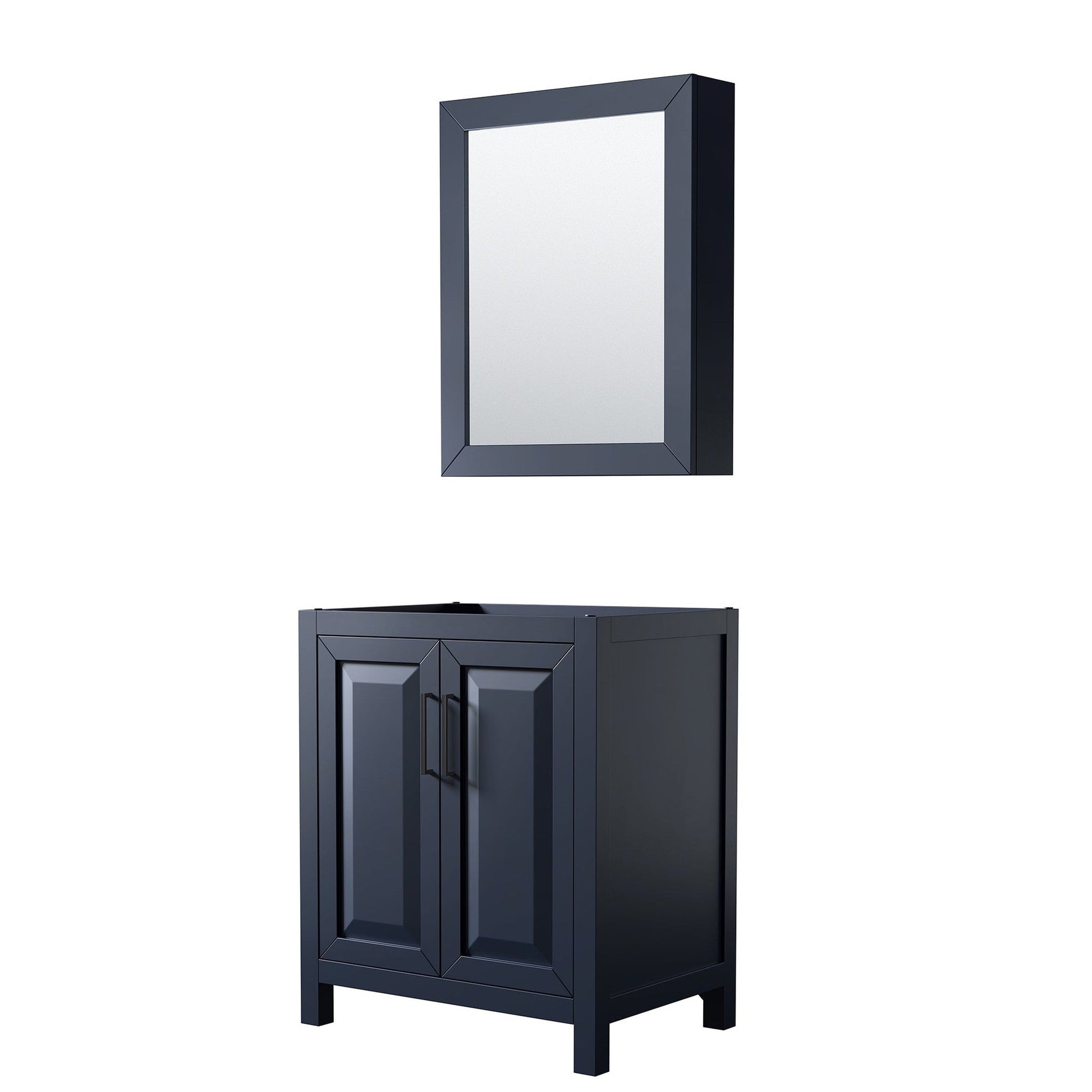 Wyndham Collection Daria 30" Single Bathroom Vanity in Dark Blue, No Countertop, No Sink, Matte Black Trim, Medicine Cabinet