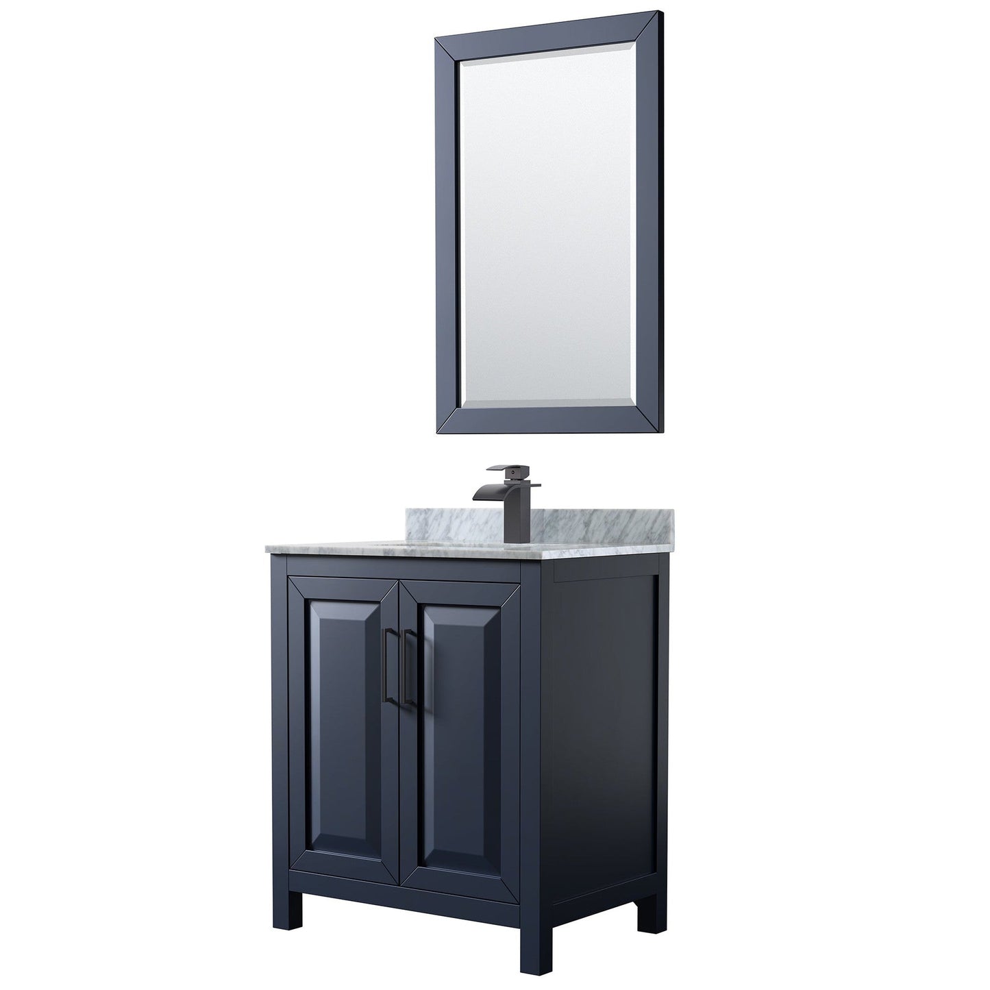 Wyndham Collection Daria 30" Single Bathroom Vanity in Dark Blue, White Carrara Marble Countertop, Undermount Square Sink, Matte Black Trim, 24" Mirror