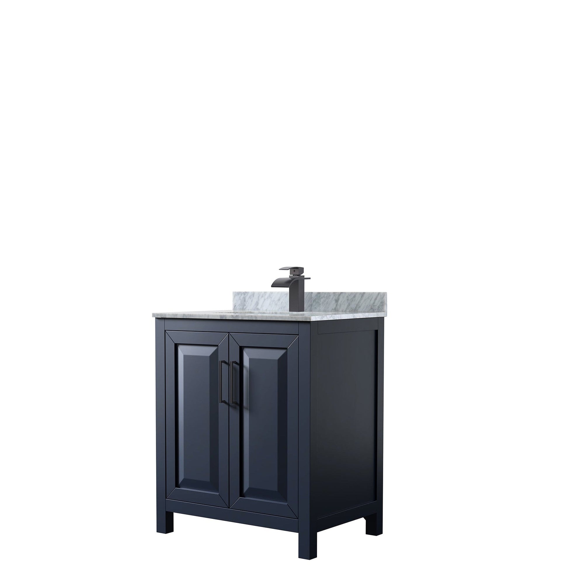 Wyndham Collection Daria 30" Single Bathroom Vanity in Dark Blue, White Carrara Marble Countertop, Undermount Square Sink, Matte Black Trim