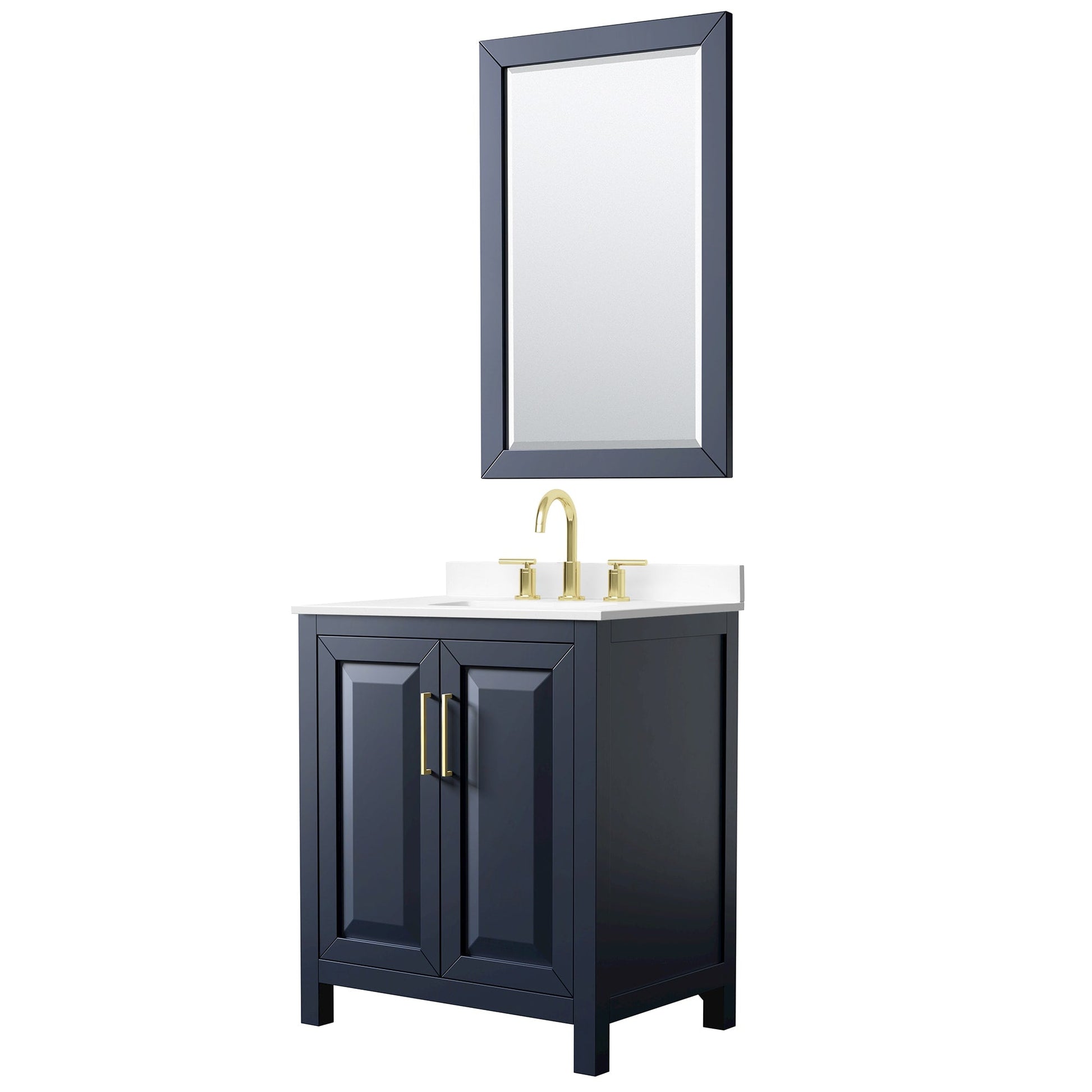 Wyndham Collection Daria 30" Single Bathroom Vanity in Dark Blue, White Cultured Marble Countertop, Undermount Square Sink (3-Hole), Brushed Gold Trim, 24" Mirror