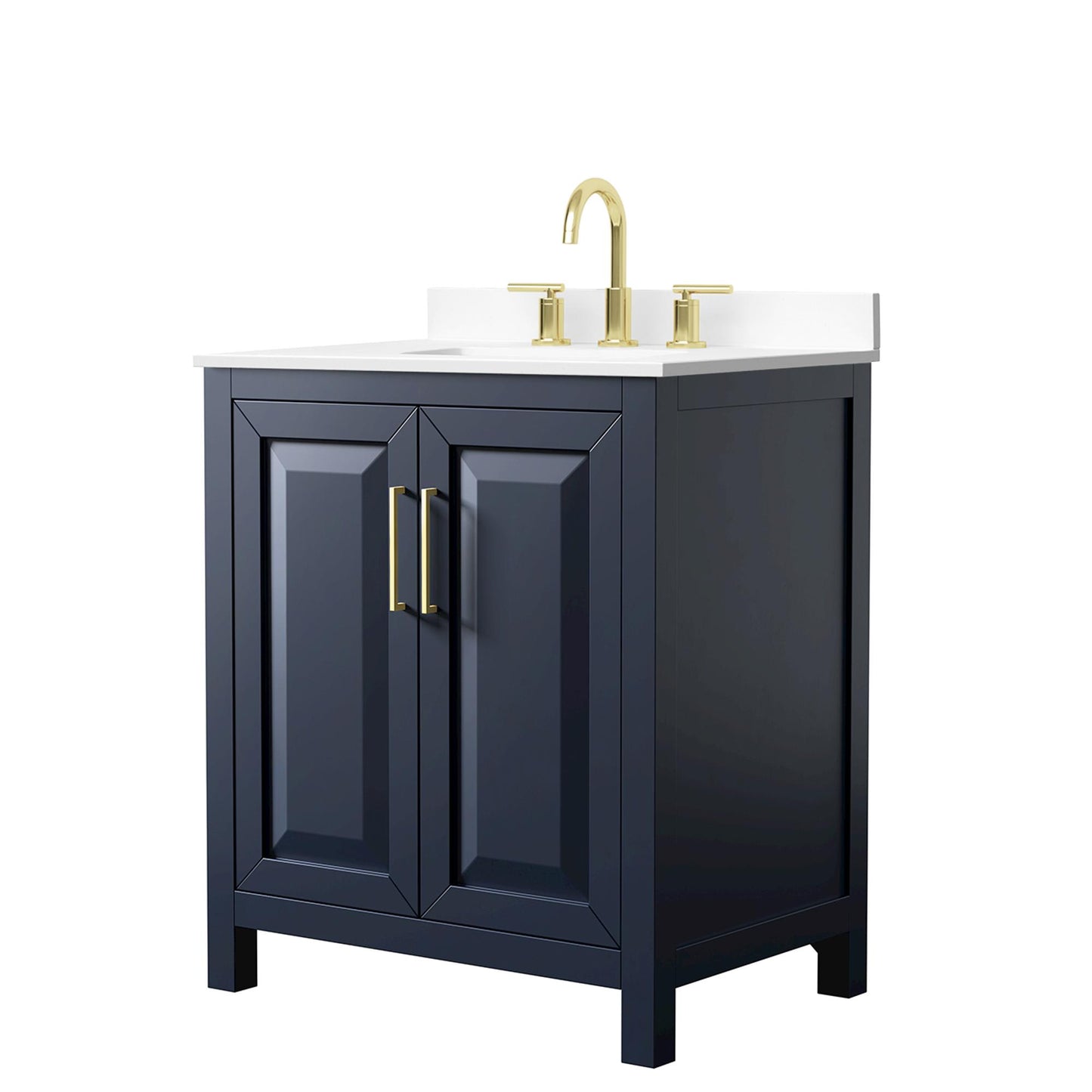 Wyndham Collection Daria 30" Single Bathroom Vanity in Dark Blue, White Cultured Marble Countertop, Undermount Square Sink (3-Hole), Brushed Gold Trim