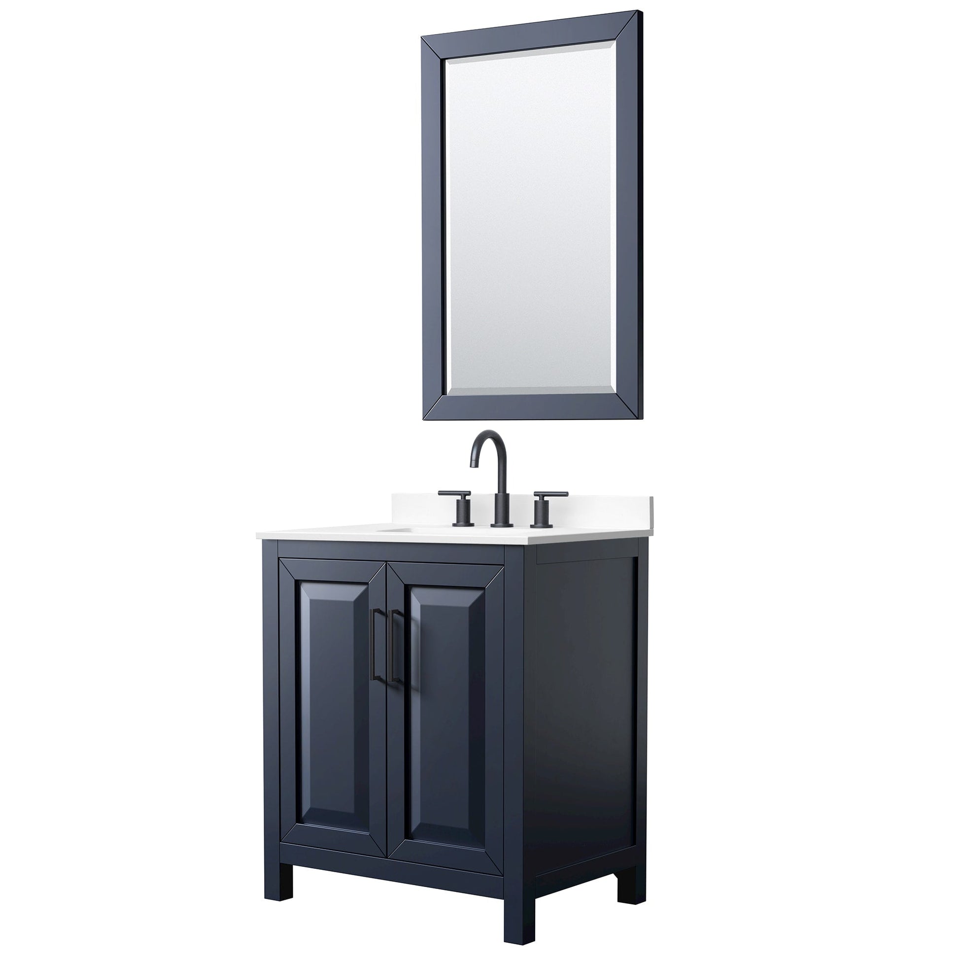 Wyndham Collection Daria 30" Single Bathroom Vanity in Dark Blue, White Cultured Marble Countertop, Undermount Square Sink (3-Hole), Matte Black Trim, 24" Mirror
