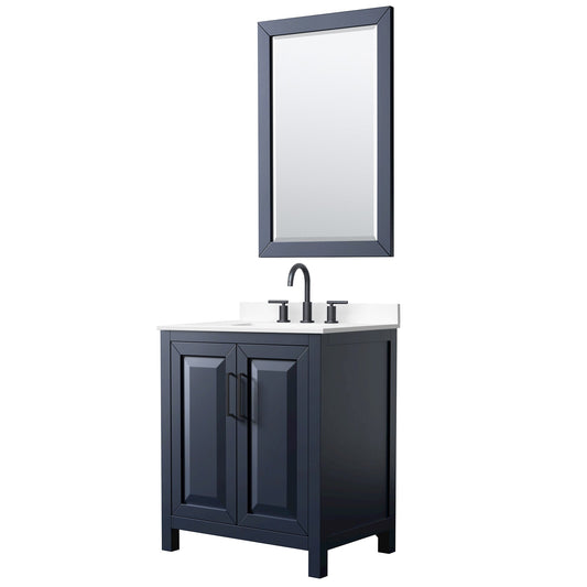 Wyndham Collection Daria 30" Single Bathroom Vanity in Dark Blue, White Cultured Marble Countertop, Undermount Square Sink (3-Hole), Matte Black Trim, 24" Mirror