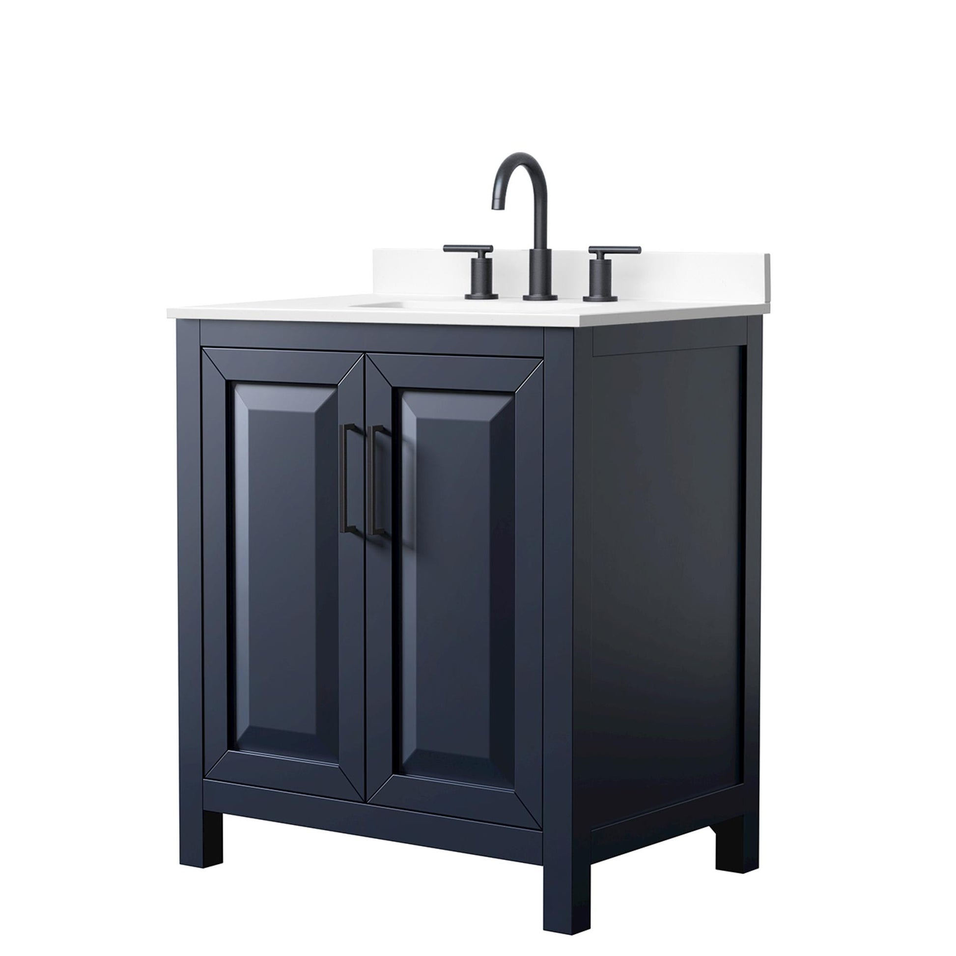 Wyndham Collection Daria 30" Single Bathroom Vanity in Dark Blue, White Cultured Marble Countertop, Undermount Square Sink (3-Hole), Matte Black Trim