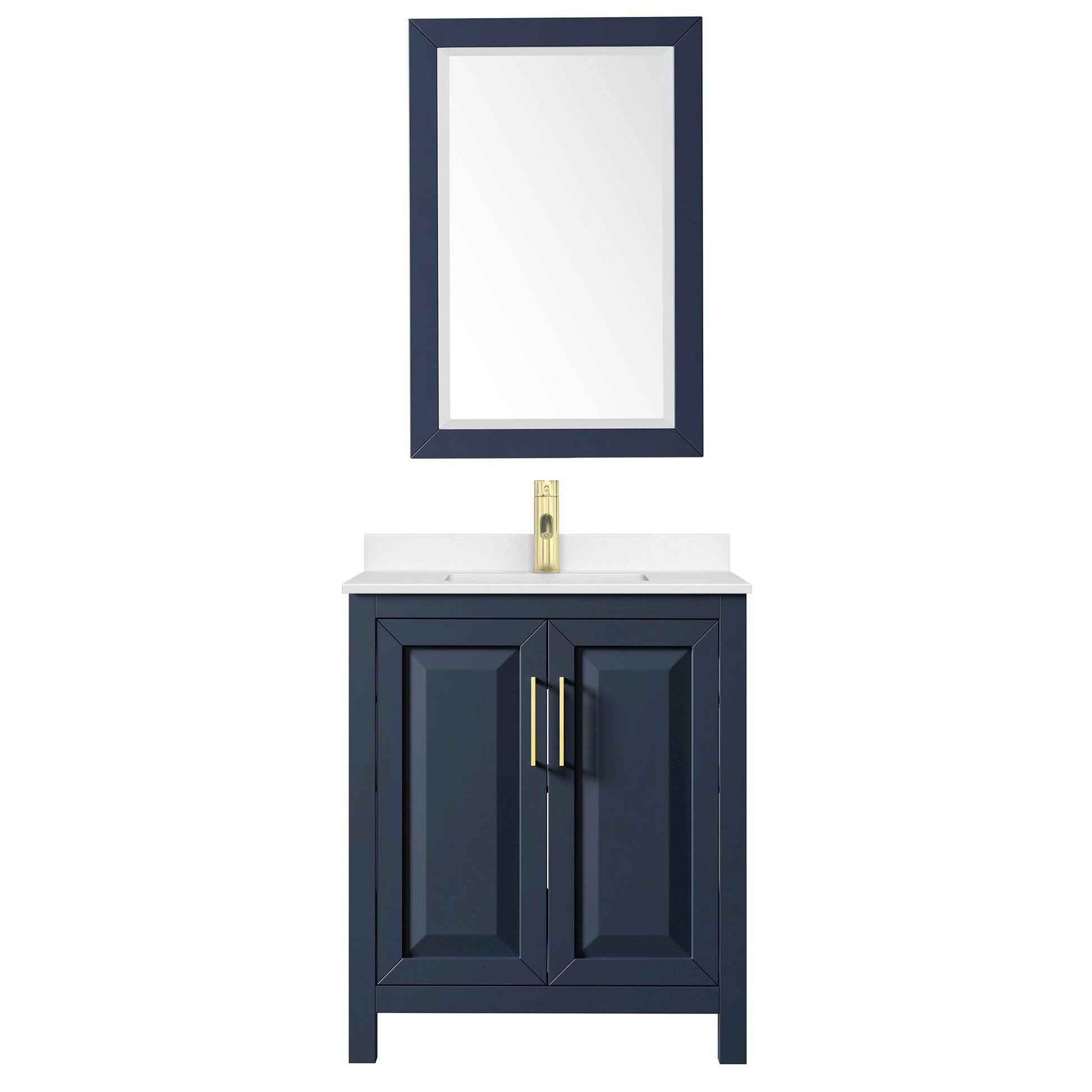 Wyndham Collection Daria 30" Single Bathroom Vanity in Dark Blue, White Quartz Countertop, Undermount Square Sink (1-Hole), Brushed Gold Trim, 24" Mirror