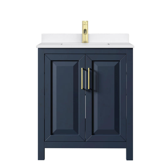 Wyndham Collection Daria 30" Single Bathroom Vanity in Dark Blue, White Quartz Countertop, Undermount Square Sink (1-Hole), Brushed Gold Trim