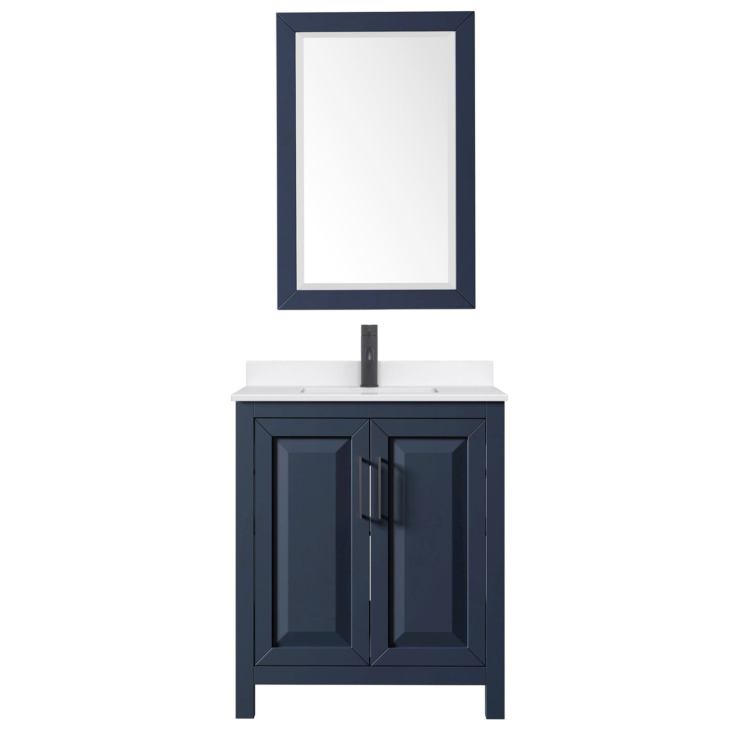 Wyndham Collection Daria 30" Single Bathroom Vanity in Dark Blue, White Quartz Countertop, Undermount Square Sink (1-Hole), Matte Black Trim, 24" Mirror