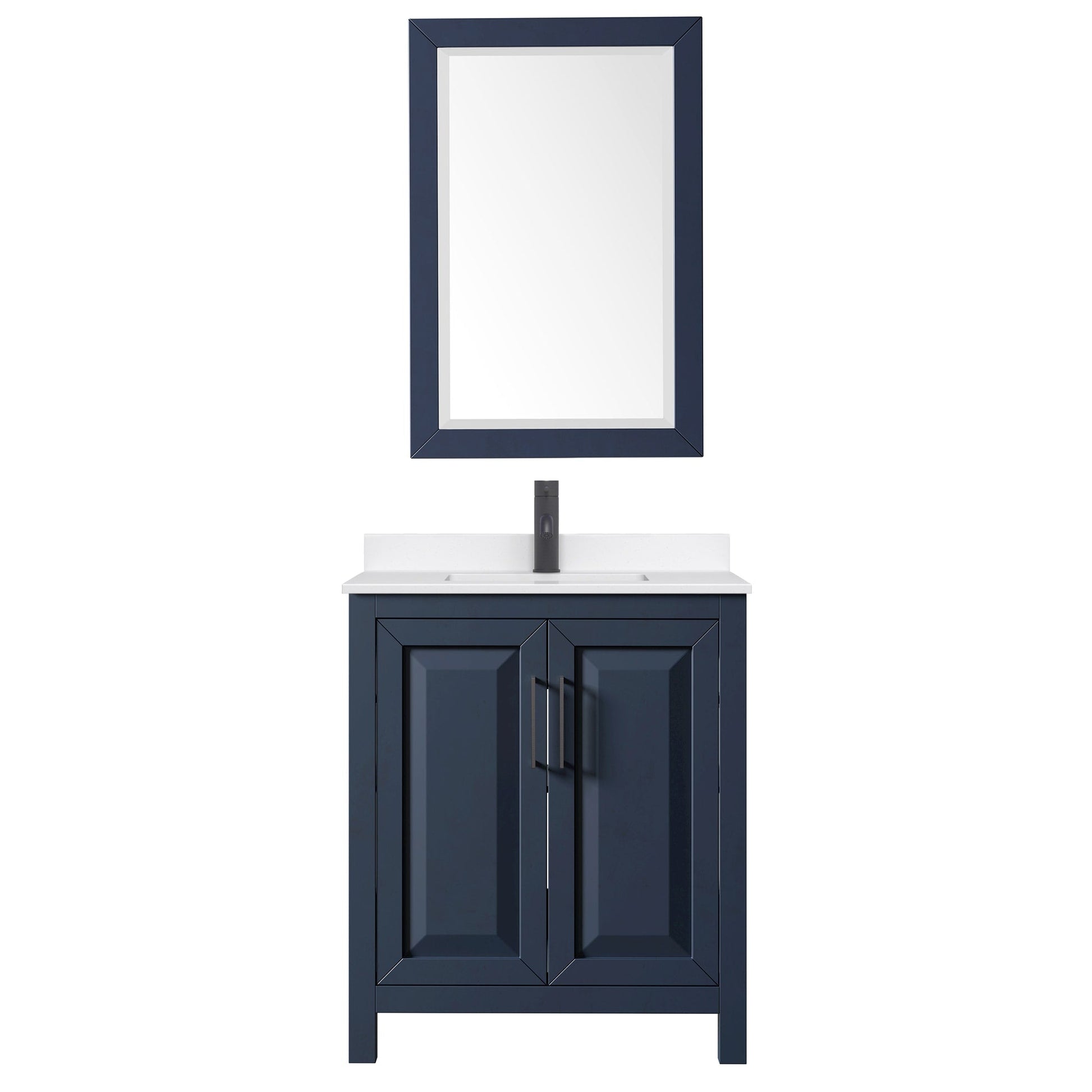 Wyndham Collection Daria 30" Single Bathroom Vanity in Dark Blue, White Quartz Countertop, Undermount Square Sink (1-Hole), Matte Black Trim, 24" Mirror