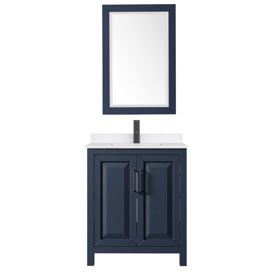 Wyndham Collection Daria 30" Single Bathroom Vanity in Dark Blue, White Quartz Countertop, Undermount Square Sink (1-Hole), Matte Black Trim, 24" Mirror