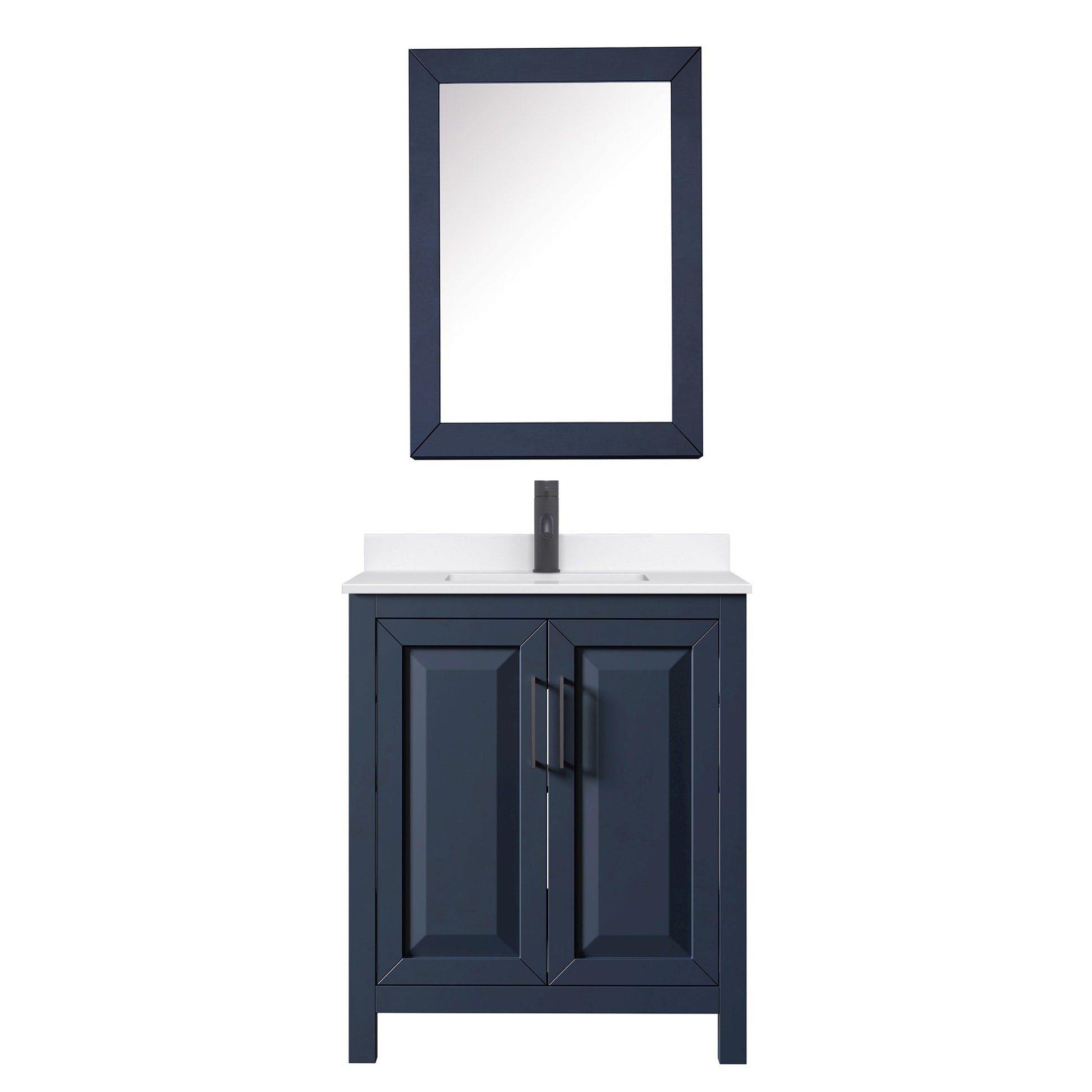 Wyndham Collection Daria 30" Single Bathroom Vanity in Dark Blue, White Quartz Countertop, Undermount Square Sink (1-Hole), Matte Black Trim, Medicine Cabinet