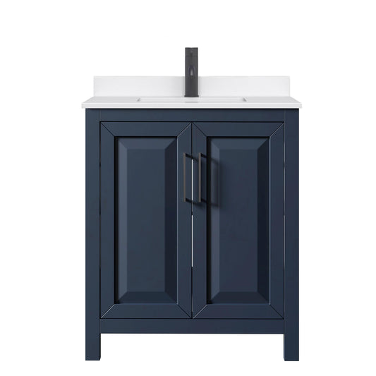 Wyndham Collection Daria 30" Single Bathroom Vanity in Dark Blue, White Quartz Countertop, Undermount Square Sink (1-Hole), Matte Black Trim