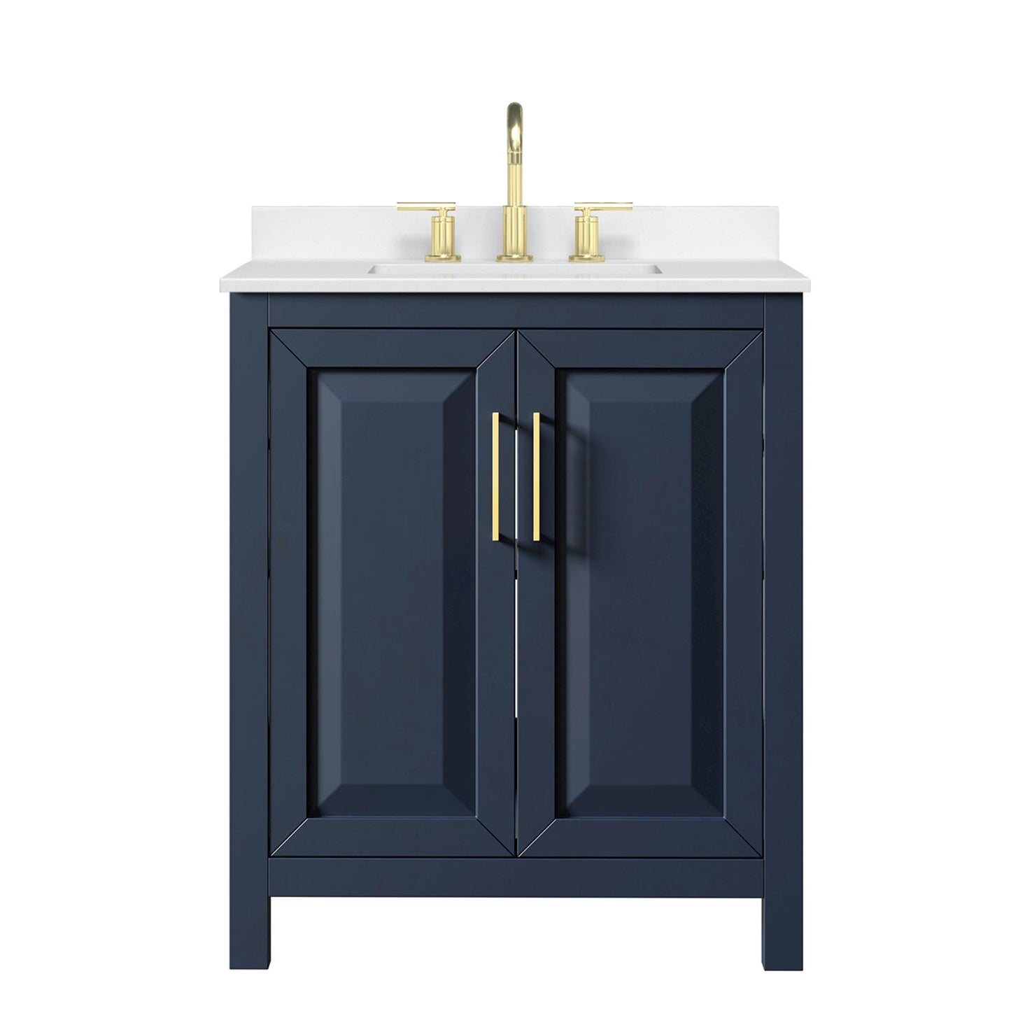 Wyndham Collection Daria 30" Single Bathroom Vanity in Dark Blue, White Quartz Countertop, Undermount Square Sink (3-Hole), Brushed Gold Trim