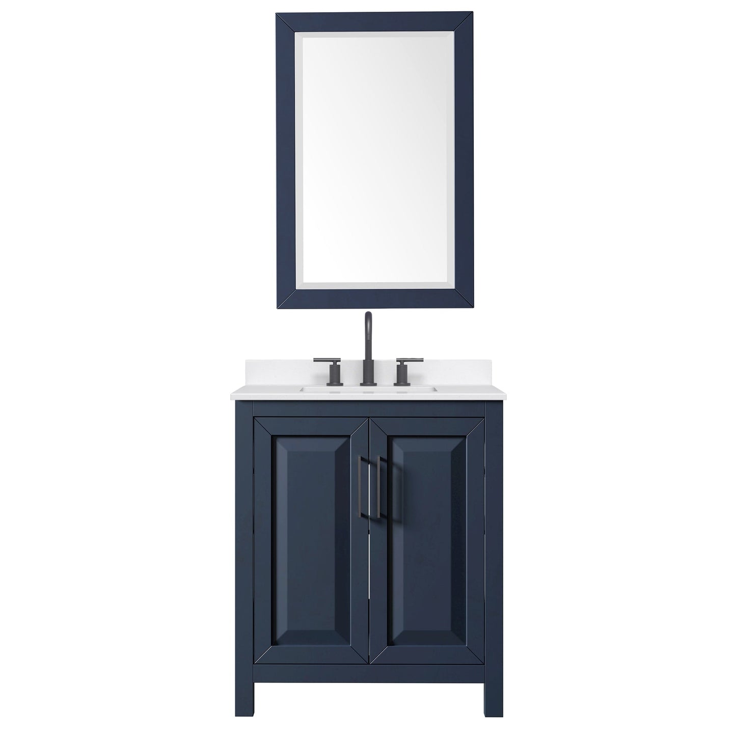 Wyndham Collection Daria 30" Single Bathroom Vanity in Dark Blue, White Quartz Countertop, Undermount Square Sink (3-Hole), Matte Black Trim, 24" Mirror