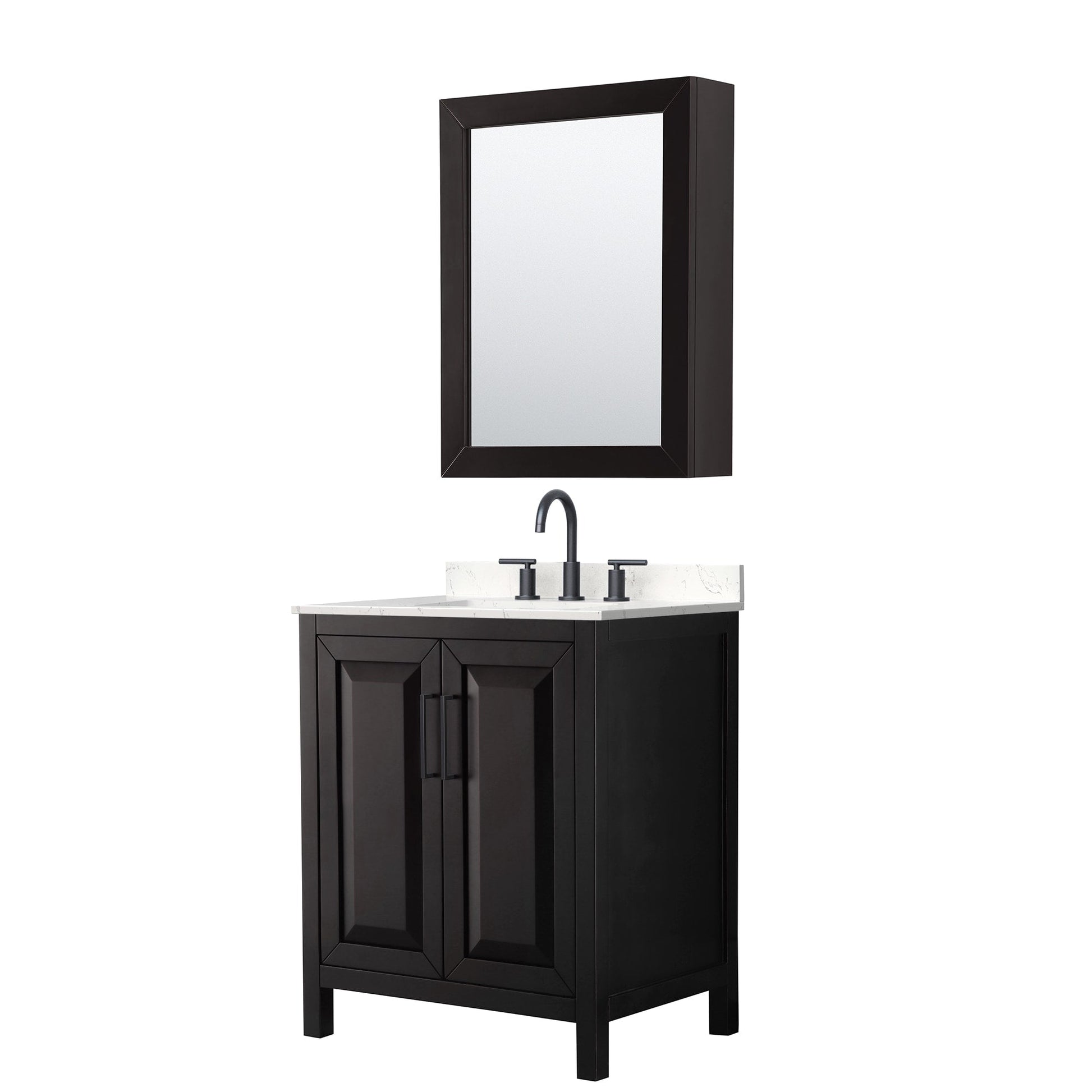 Wyndham Collection Daria 30" Single Bathroom Vanity in Dark Espresso, Carrara Cultured Marble Countertop, Undermount Square Sink (3-Hole), Matte Black Trim, Medicine Cabinet