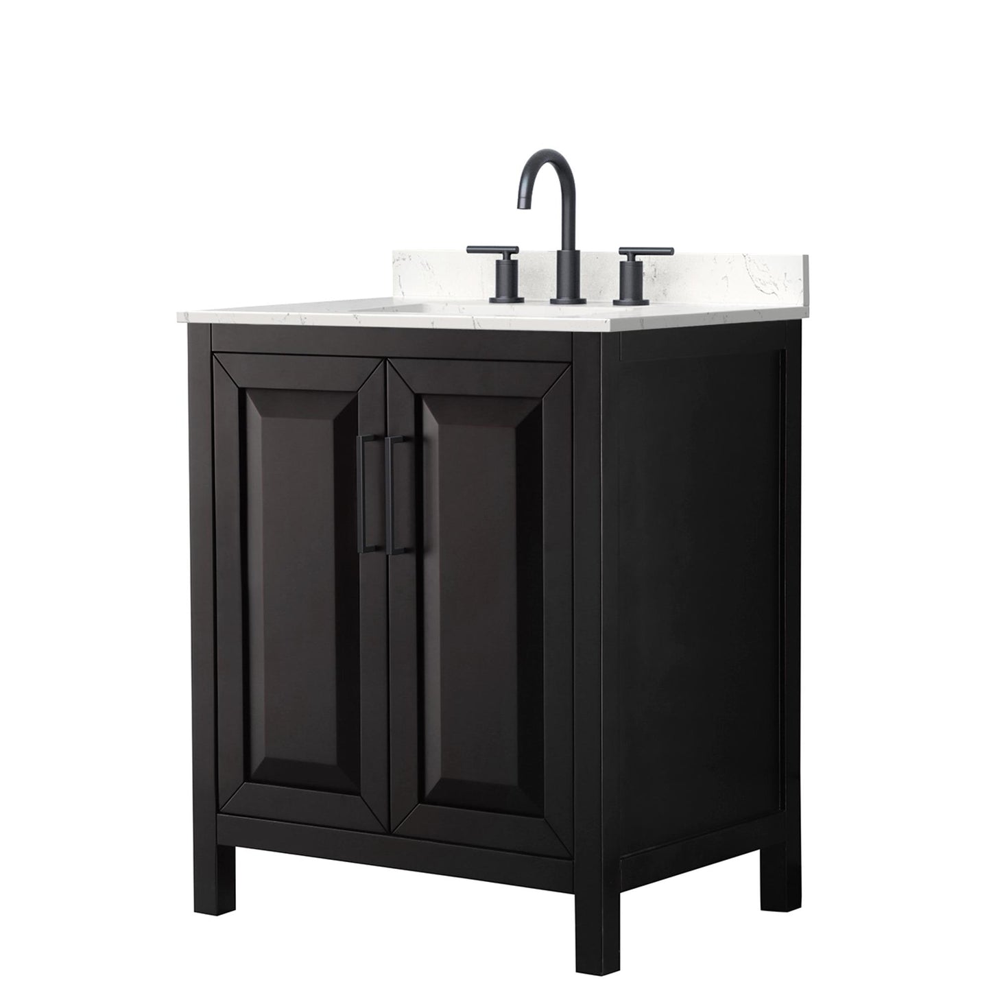Wyndham Collection Daria 30" Single Bathroom Vanity in Dark Espresso, Carrara Cultured Marble Countertop, Undermount Square Sink (3-Hole), Matte Black Trim