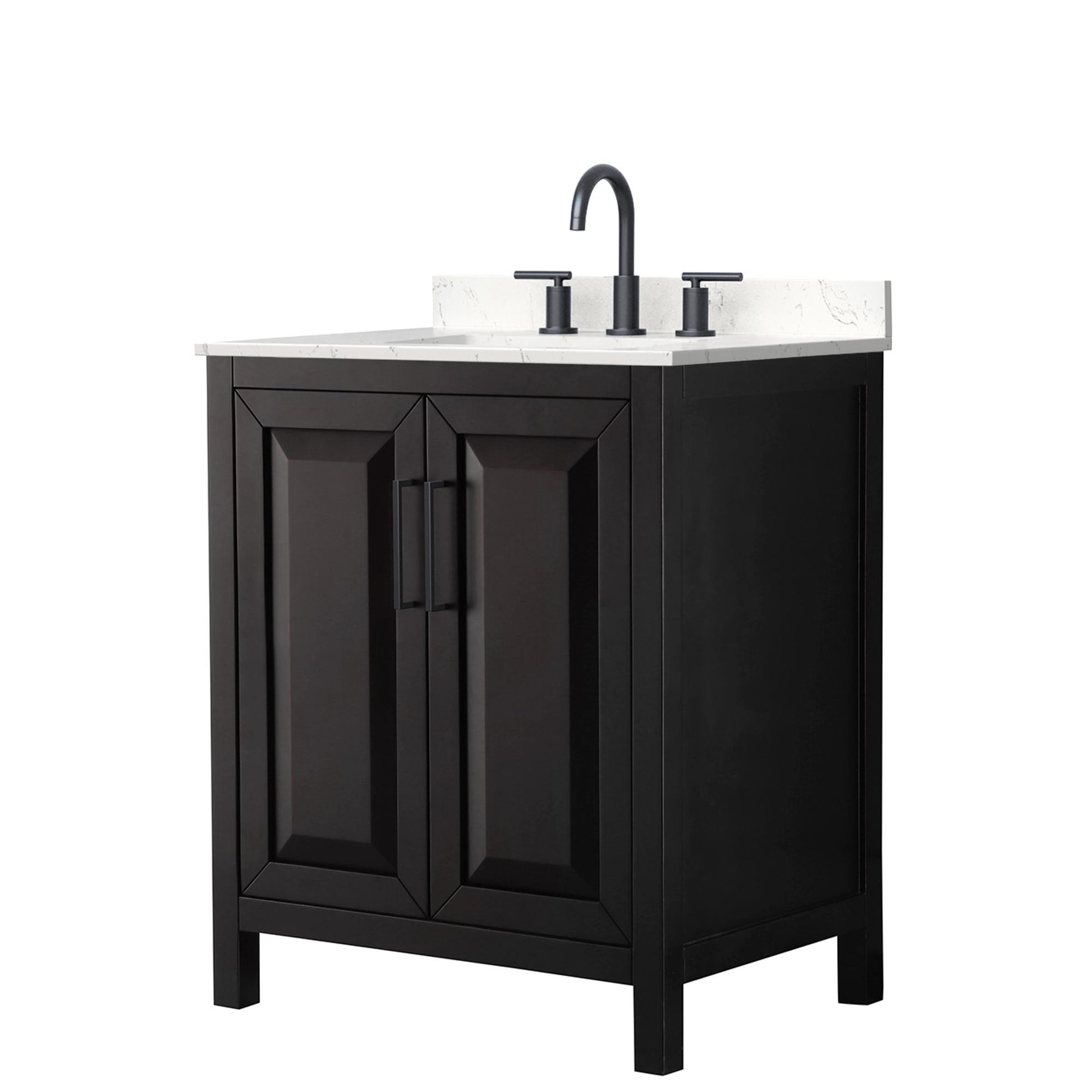 Wyndham Collection Daria 30" Single Bathroom Vanity in Dark Espresso, Carrara Cultured Marble Countertop, Undermount Square Sink (3-Hole), Matte Black Trim