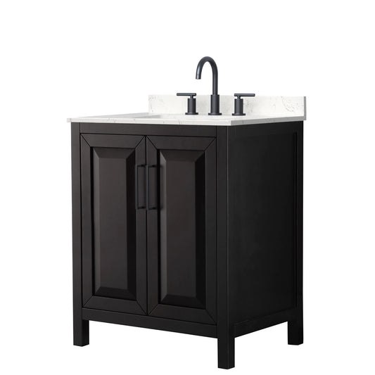 Wyndham Collection Daria 30" Single Bathroom Vanity in Dark Espresso, Carrara Cultured Marble Countertop, Undermount Square Sink (3-Hole), Matte Black Trim