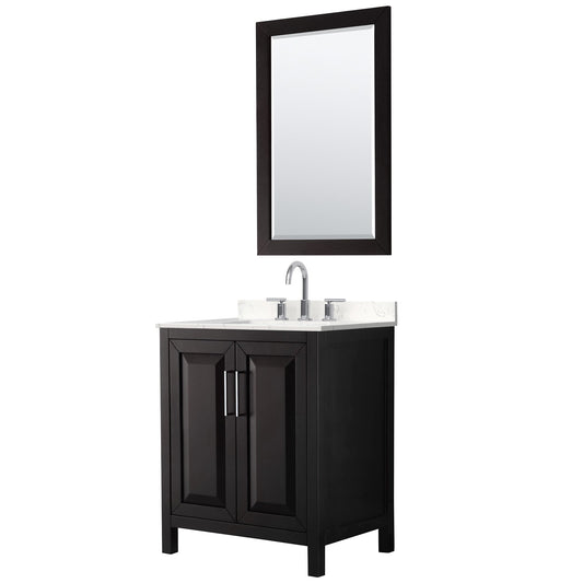 Wyndham Collection Daria 30" Single Bathroom Vanity in Dark Espresso, Carrara Cultured Marble Countertop, Undermount Square Sink (3-Hole), Polished Chrome Trim, 24" Mirror
