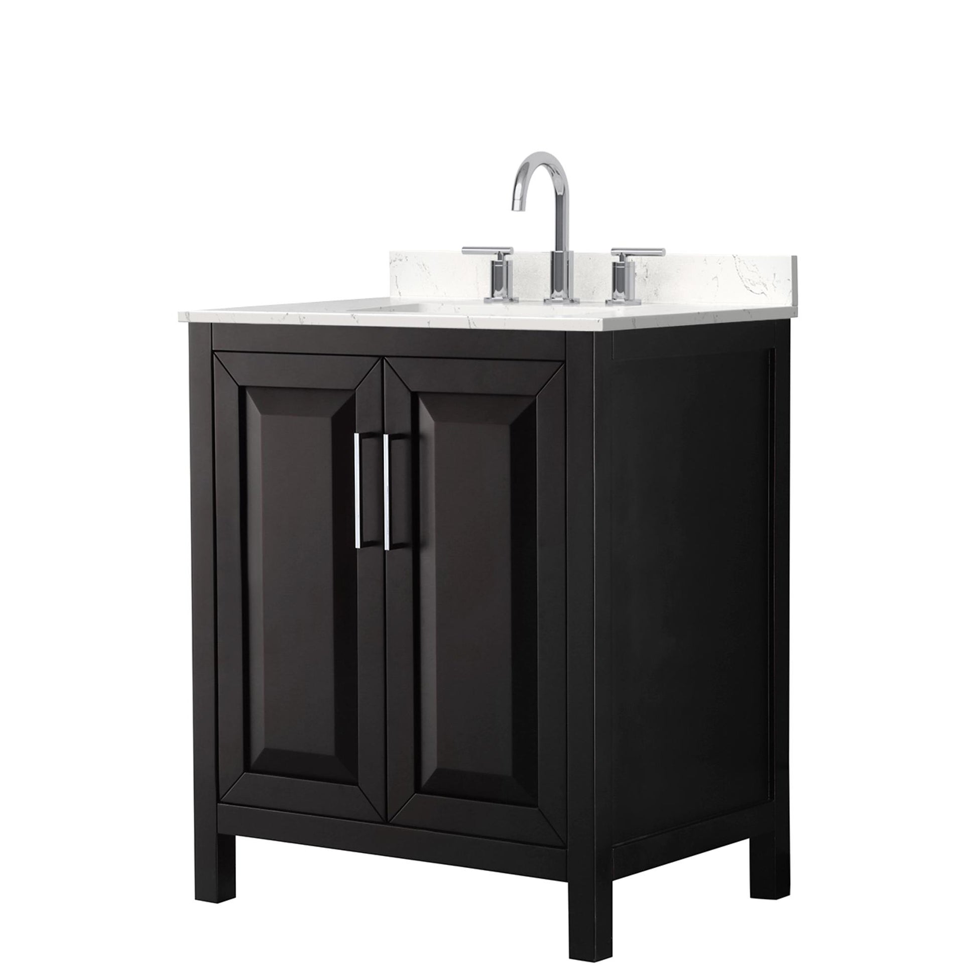 Wyndham Collection Daria 30" Single Bathroom Vanity in Dark Espresso, Carrara Cultured Marble Countertop, Undermount Square Sink (3-Hole), Polished Chrome Trim