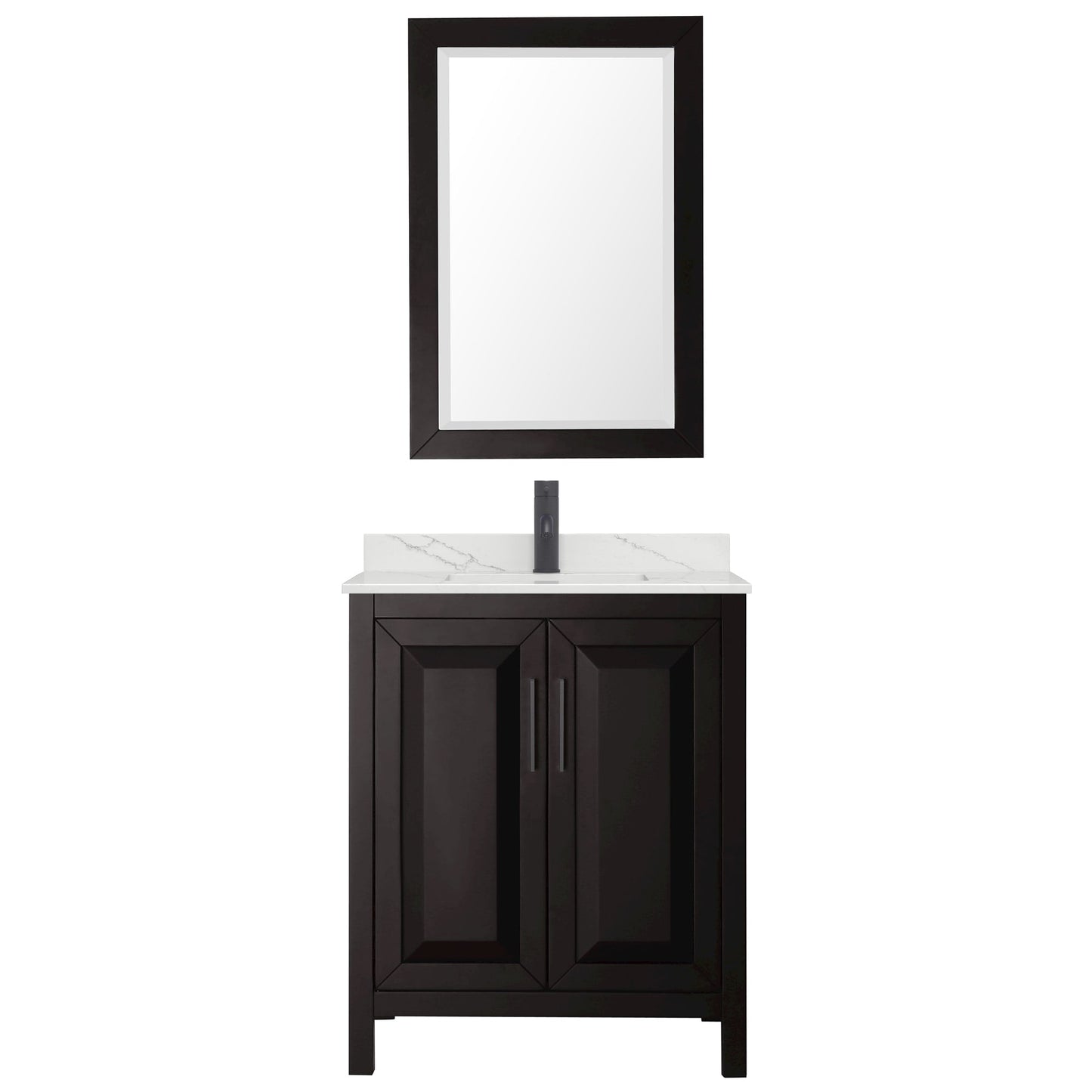 Wyndham Collection Daria 30" Single Bathroom Vanity in Dark Espresso, Giotto Quartz Countertop, Undermount Square Sink (1-Hole), Matte Black Trim, 24" Mirror