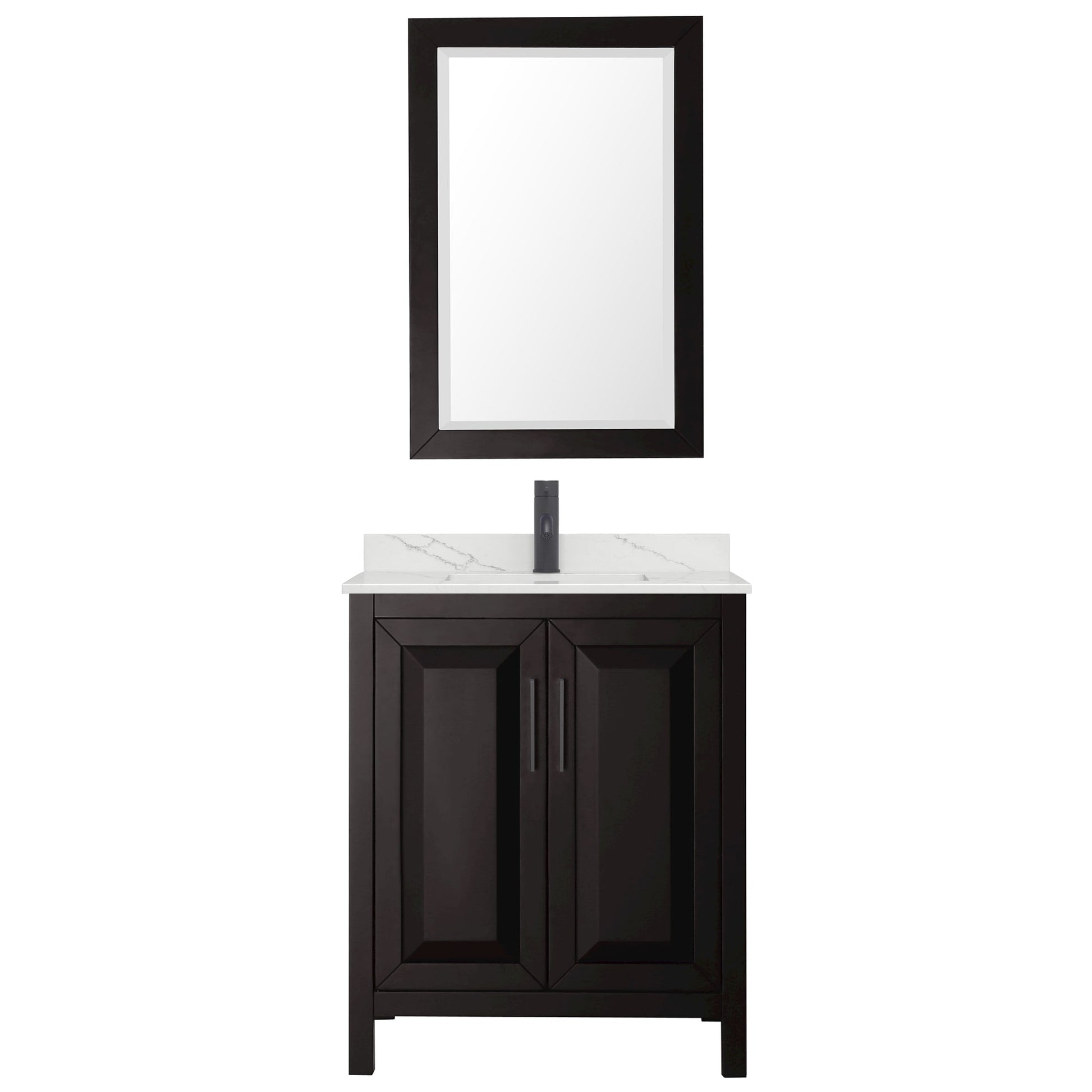 Wyndham Collection Daria 30" Single Bathroom Vanity in Dark Espresso, Giotto Quartz Countertop, Undermount Square Sink (1-Hole), Matte Black Trim, 24" Mirror