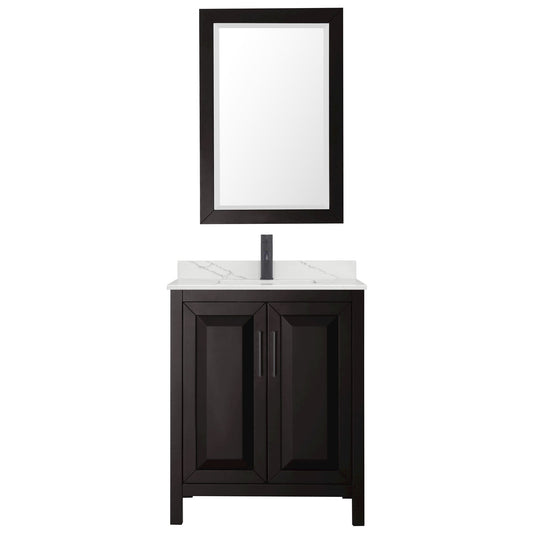 Wyndham Collection Daria 30" Single Bathroom Vanity in Dark Espresso, Giotto Quartz Countertop, Undermount Square Sink (1-Hole), Matte Black Trim, 24" Mirror