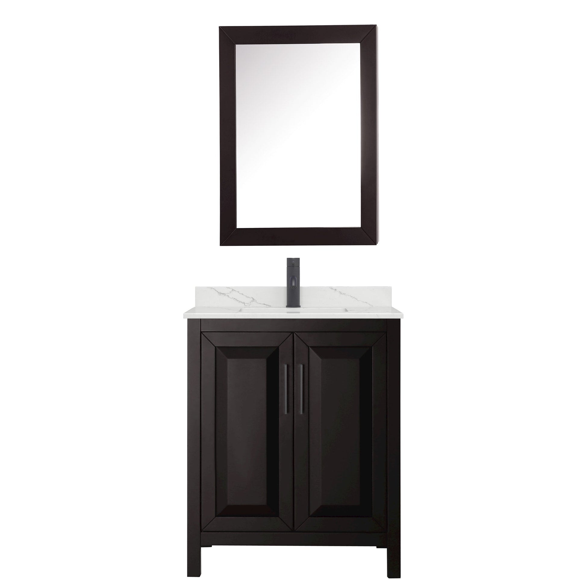 Wyndham Collection Daria 30" Single Bathroom Vanity in Dark Espresso, Giotto Quartz Countertop, Undermount Square Sink (1-Hole), Matte Black Trim, Medicine Cabinet