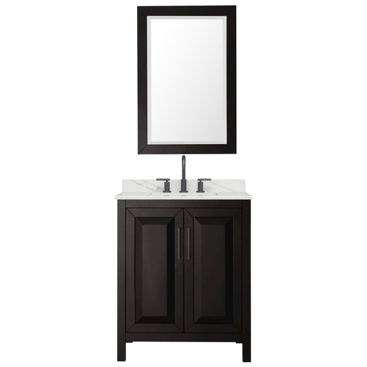 Wyndham Collection Daria 30" Single Bathroom Vanity in Dark Espresso, Giotto Quartz Countertop, Undermount Square Sink (3-Hole), Matte Black Trim, 24" Mirror