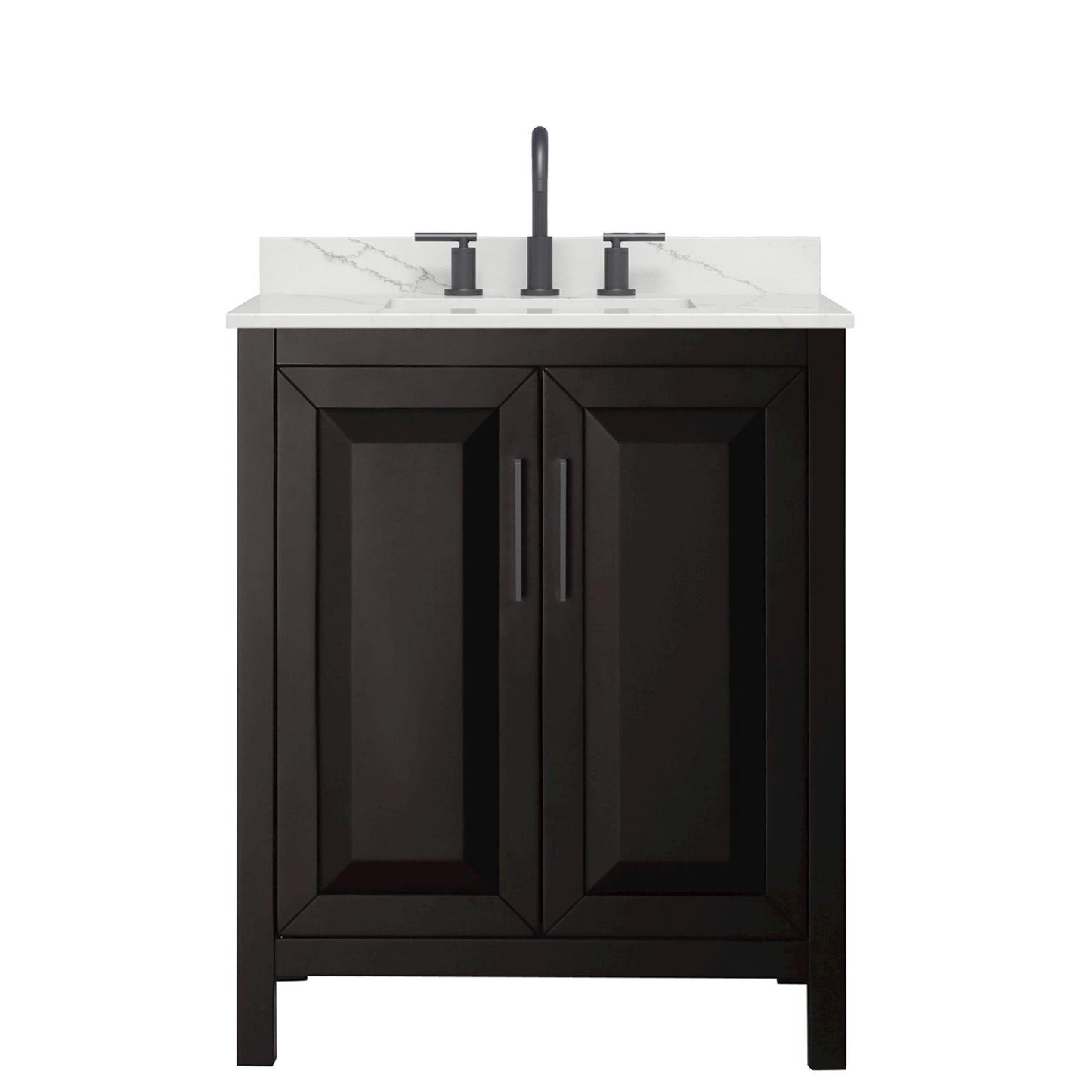 Wyndham Collection Daria 30" Single Bathroom Vanity in Dark Espresso, Giotto Quartz Countertop, Undermount Square Sink (3-Hole), Matte Black Trim