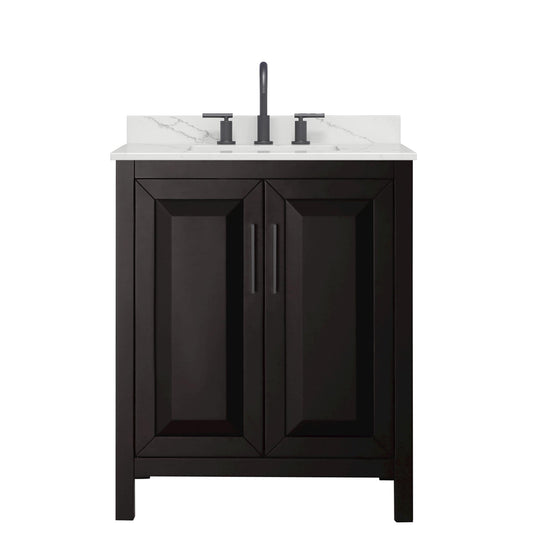 Wyndham Collection Daria 30" Single Bathroom Vanity in Dark Espresso, Giotto Quartz Countertop, Undermount Square Sink (3-Hole), Matte Black Trim