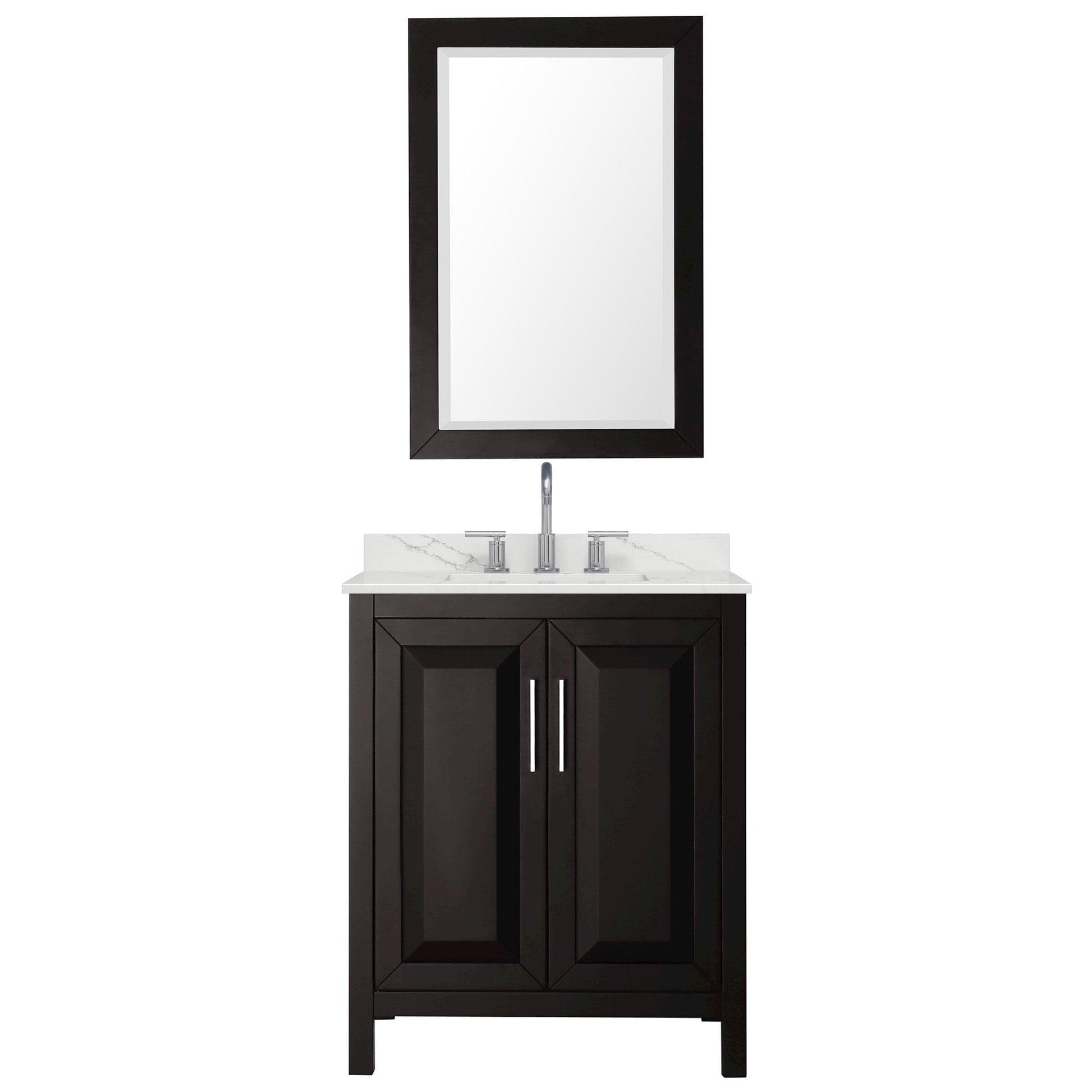 Wyndham Collection Daria 30" Single Bathroom Vanity in Dark Espresso, Giotto Quartz Countertop, Undermount Square Sink (3-Hole), Polished Chrome Trim, 24" Mirror