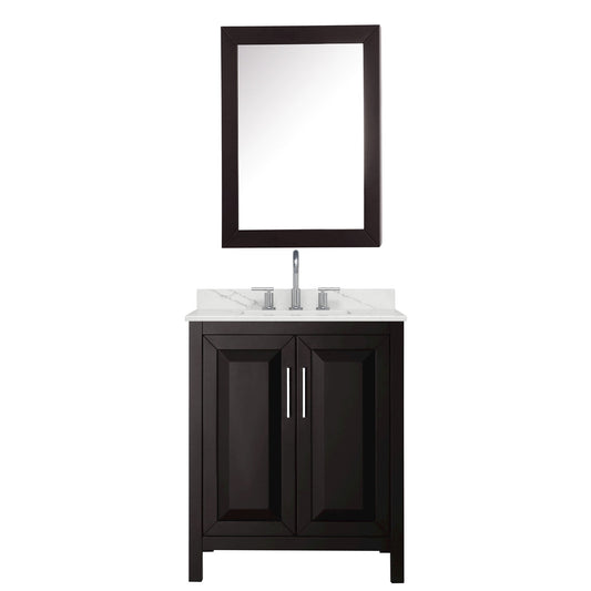 Wyndham Collection Daria 30" Single Bathroom Vanity in Dark Espresso, Giotto Quartz Countertop, Undermount Square Sink (3-Hole), Polished Chrome Trim, Medicine Cabinet