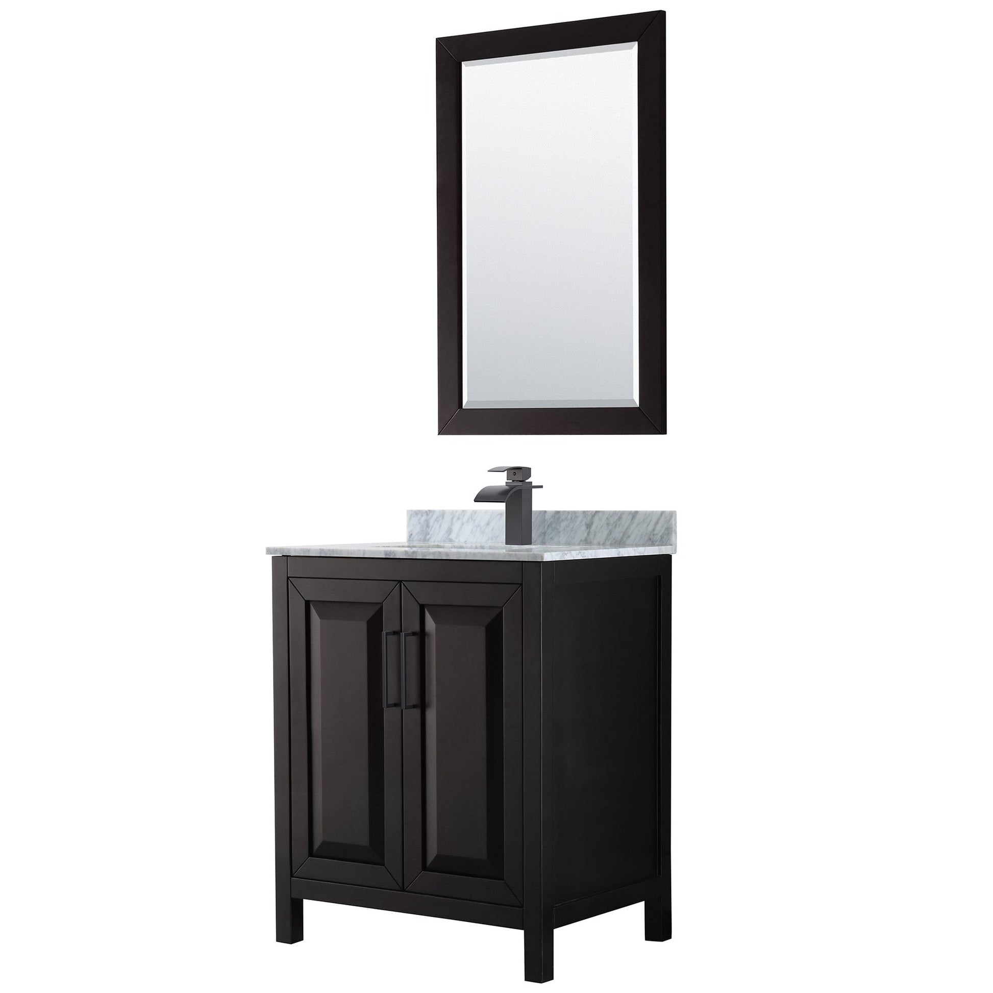 Wyndham Collection Daria 30" Single Bathroom Vanity in Dark Espresso, White Carrara Marble Countertop, Undermount Square Sink, Matte Black Trim, 24" Mirror