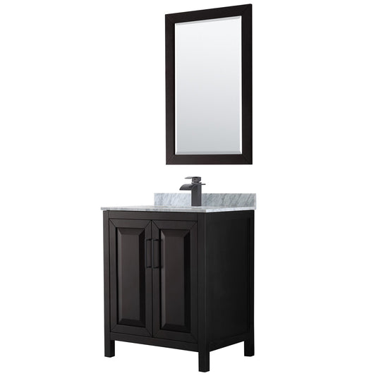 Wyndham Collection Daria 30" Single Bathroom Vanity in Dark Espresso, White Carrara Marble Countertop, Undermount Square Sink, Matte Black Trim, 24" Mirror