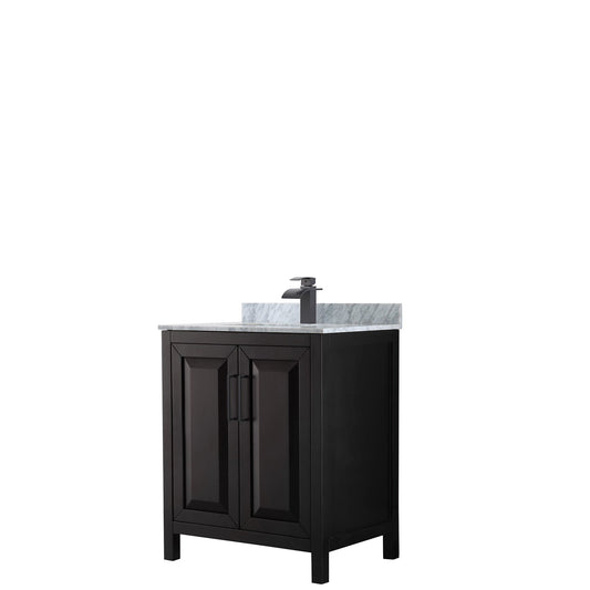 Wyndham Collection Daria 30" Single Bathroom Vanity in Dark Espresso, White Carrara Marble Countertop, Undermount Square Sink, Matte Black Trim