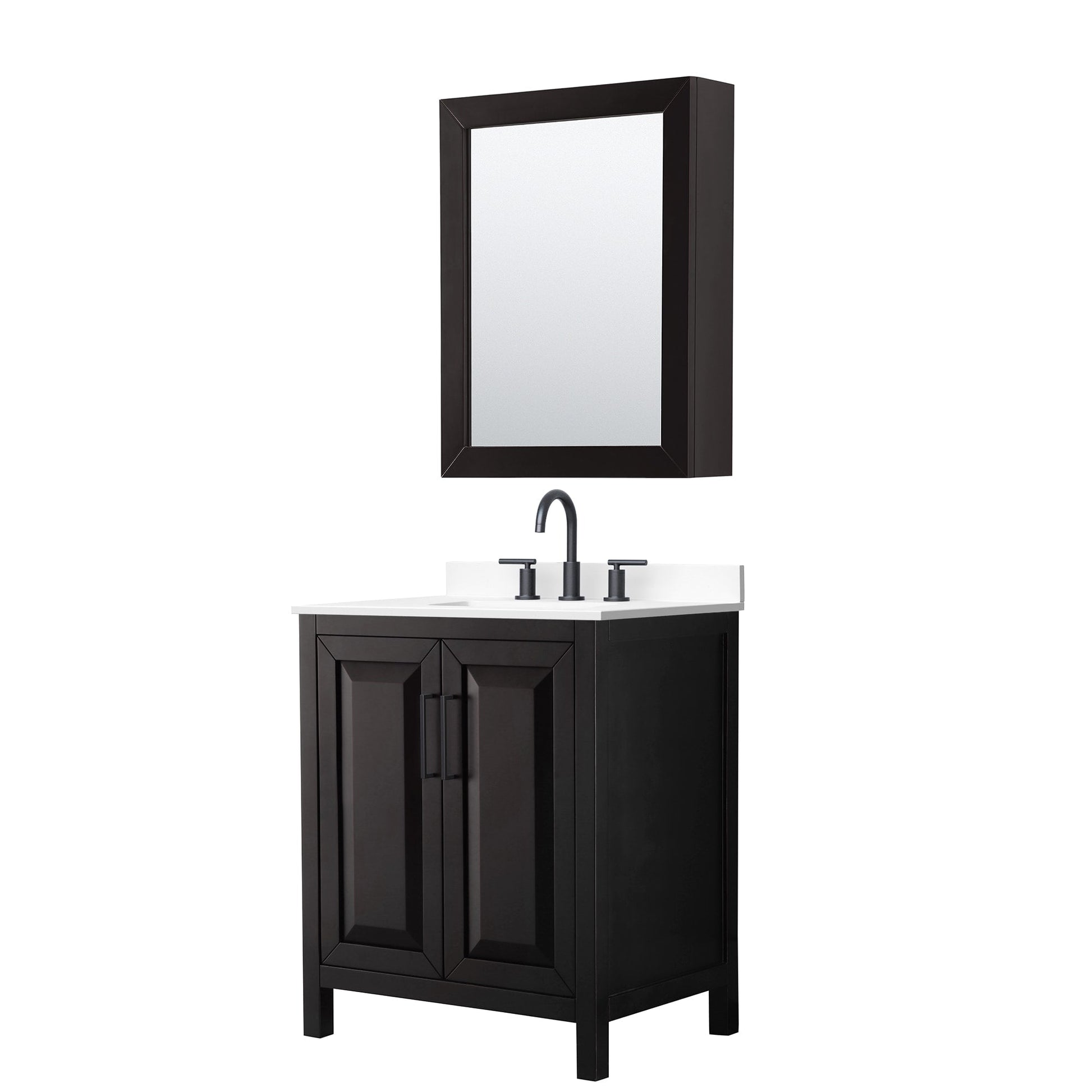 Wyndham Collection Daria 30" Single Bathroom Vanity in Dark Espresso, White Cultured Marble Countertop, Undermount Square Sink (3-Hole), Matte Black Trim, Medicine Cabinet