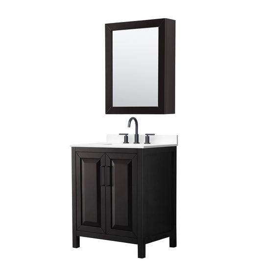 Wyndham Collection Daria 30" Single Bathroom Vanity in Dark Espresso, White Cultured Marble Countertop, Undermount Square Sink (3-Hole), Matte Black Trim, Medicine Cabinet