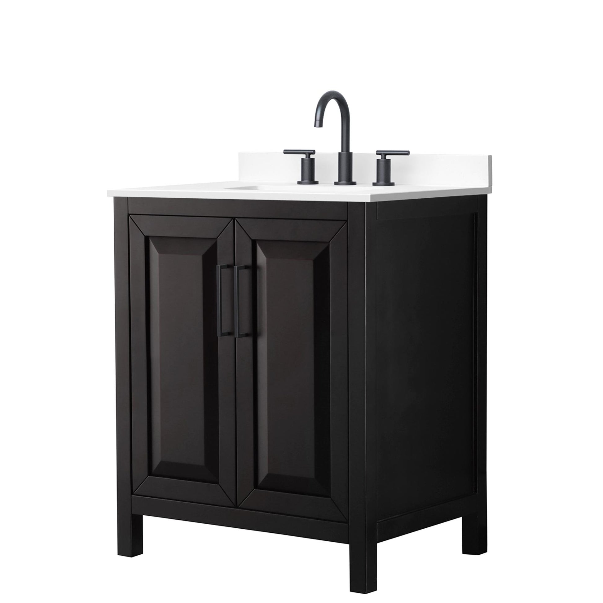 Wyndham Collection Daria 30" Single Bathroom Vanity in Dark Espresso, White Cultured Marble Countertop, Undermount Square Sink (3-Hole), Matte Black Trim