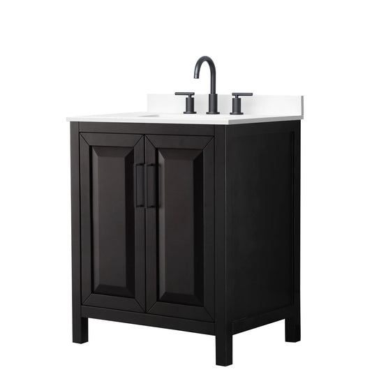 Wyndham Collection Daria 30" Single Bathroom Vanity in Dark Espresso, White Cultured Marble Countertop, Undermount Square Sink (3-Hole), Matte Black Trim